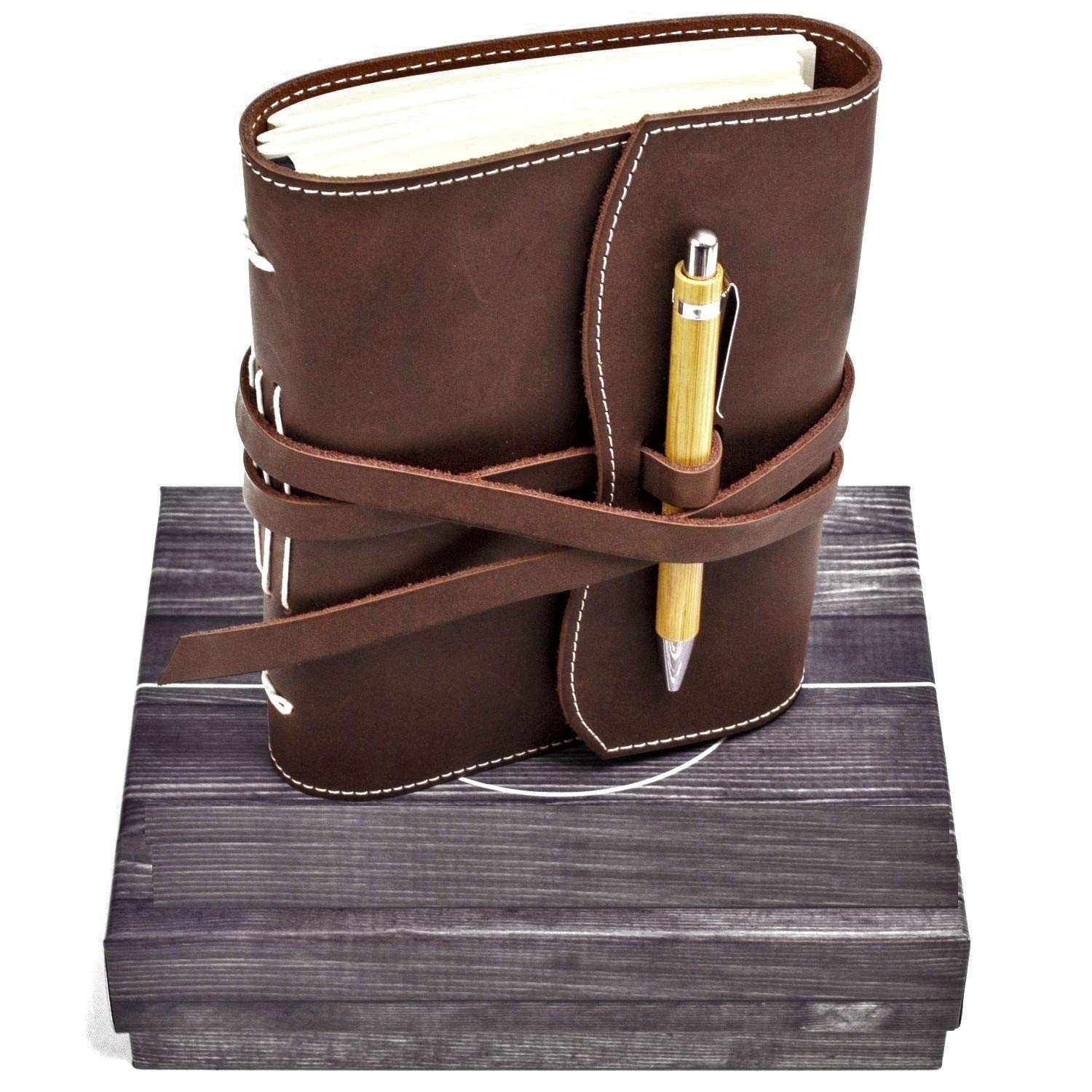 SPP Leather Journal Lined Paper Handmade - Genuine Leather Bound Notebook Gift Set for Man and Women 240 Smooth Lined Pages Pen & Great Gift Box Included