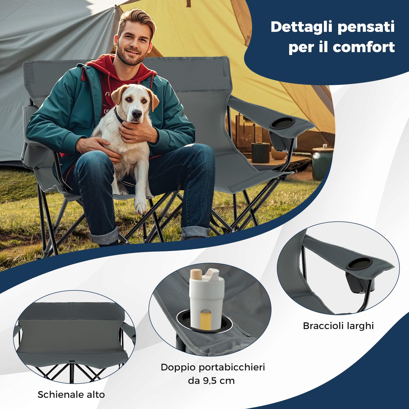 COSTWAY Sedia da Campeggio Doppia, Poltrona Pieghevole per 2 Persone con Portabicchieri, Borsa per il Trasporto, Sedia da Giardino Portatile per Spiaggia, Picnic, Pesca, Portata 300 kg (Grigio)
