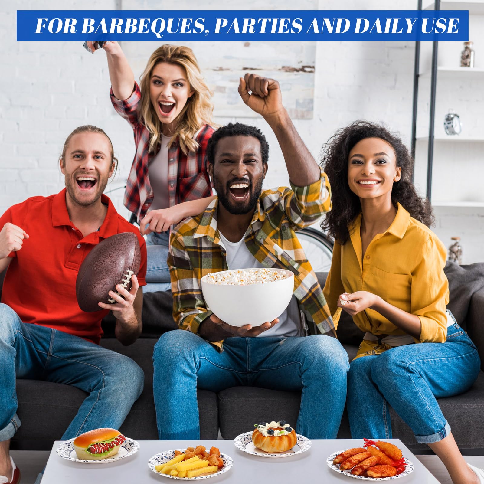 FillTouch Einweg-Pappteller für den täglichen Gebrauch, einweichfest, strapazierfähig, kleine Pappteller für Abendessen, Picknick, schnittfeste, blaue und weiße Pappteller für Feiertage, Partys,