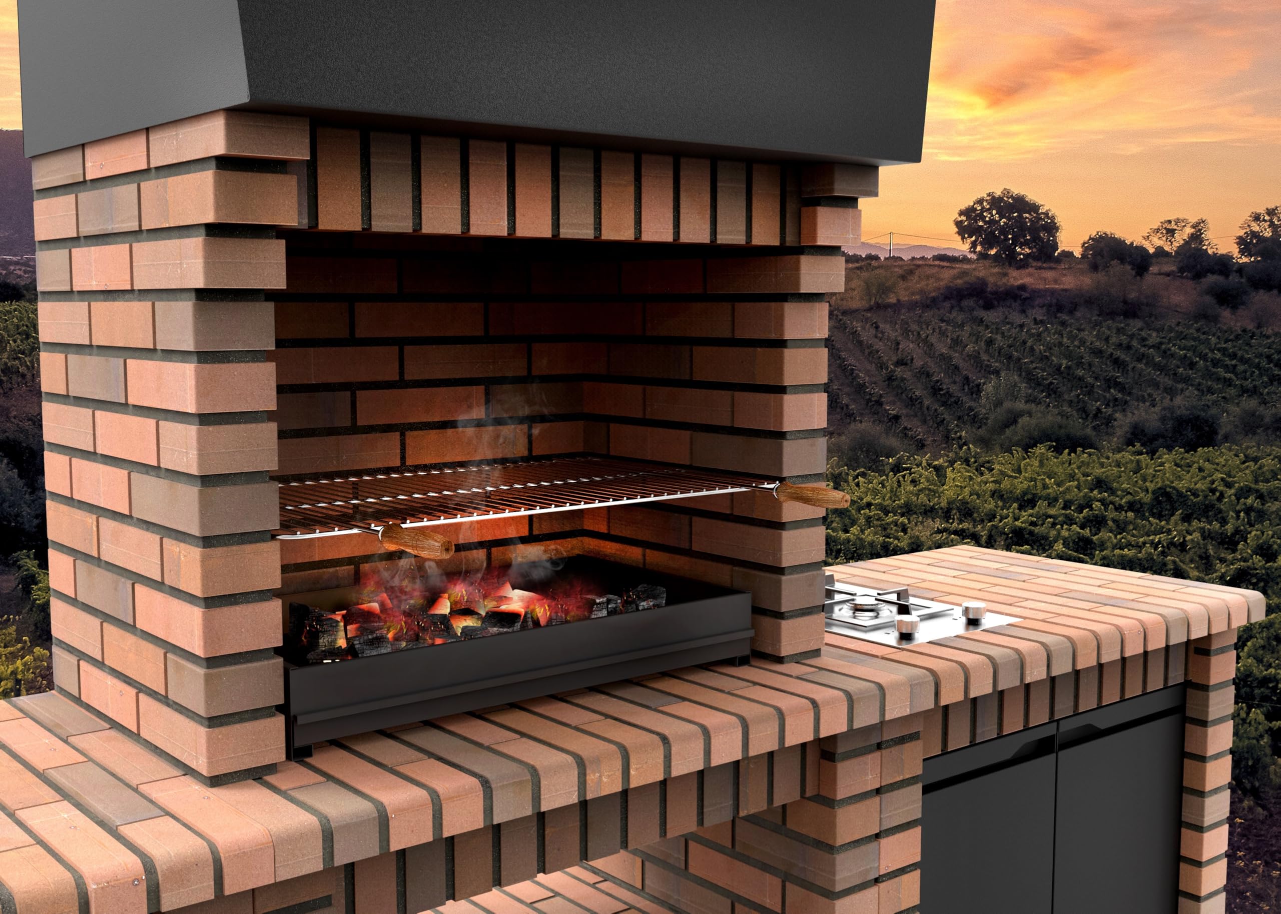 MOVELAR – Barbecue da lavoro prefabbricato per legna e carbone modello PACK 1 VOLTERRA – Cucina esterna grigio/terracotta – 250,5 x 70 x 213 cm – Rif: M00899 – Uso esterno