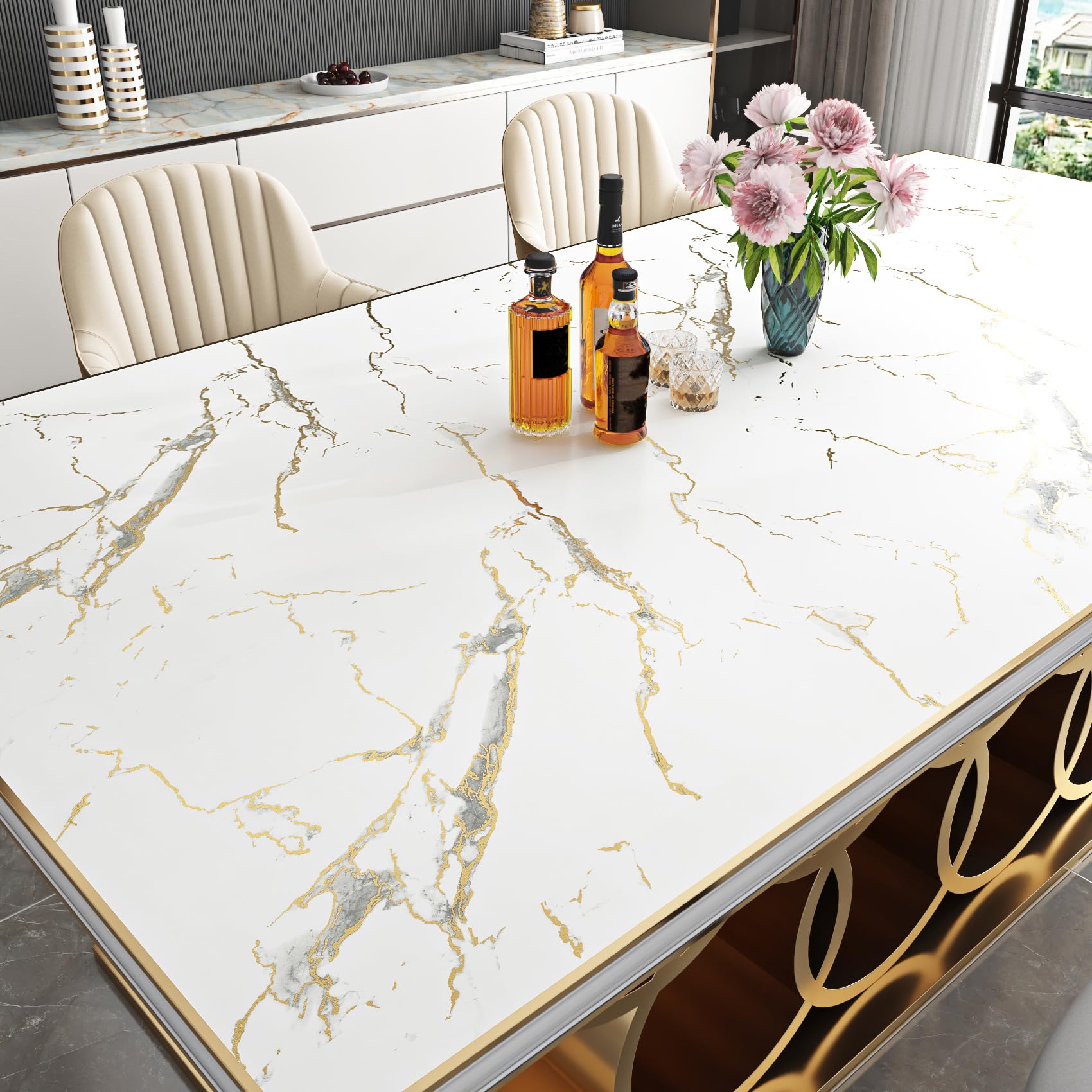 YENHOME Vinilo Adhesivo Muebles Blanco Marmol Dorado 90x300cm Vinilo Adhesivo Decorativo Efecto Mármol Dorado para Baño Salon Cocina PVC Papel Pintado Marmoleado Autoadhesivo para Armario Puerta Mesa