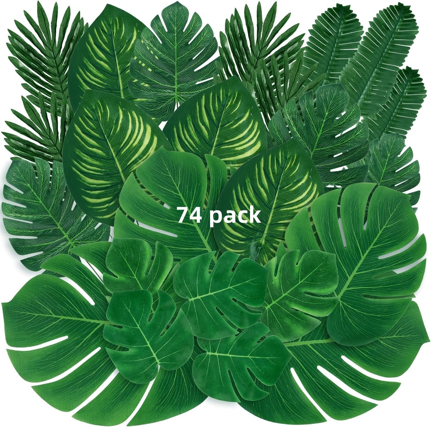 Aocgdds Green 74 Pack Palm Leaves Artificial Tropical Monstera, Leaf Faux Leaves For Safari Jungle Hawaiian Dinosaur Luau Party Table Decoration Wedding Birthday Theme Party