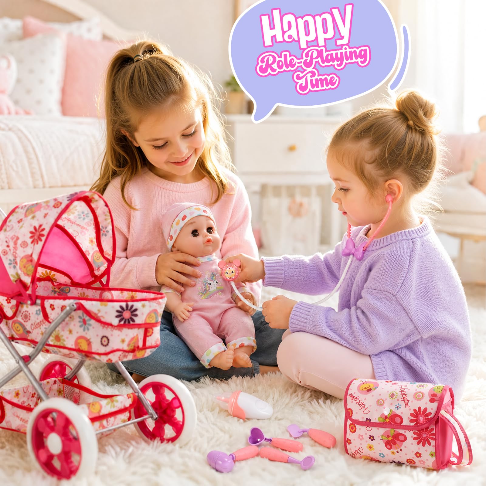 HappyGoLucky Passeggino con Bambola da 28 cm, Vestiti e Accessori Bambole Gioco di Ruolo Bambina 3-7 Anni Carrozzina per Bambole Regalo Bambina 2-8 Anni Giocattoli Bambino