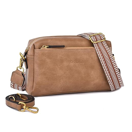 XinHerun Women’s Small Crossbody Handbag, Trendy Triple Zip Vegan leather Cell Phone Shoulder Purses with 2 Adjustable Straps (Light Brown)