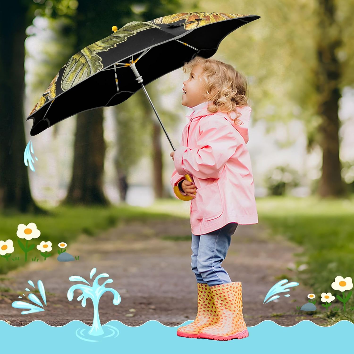 ALAZA Sunflower Embroidery Style Kids Umbrella for Girls Boys Toddler Children Rain & Sun Umbrella