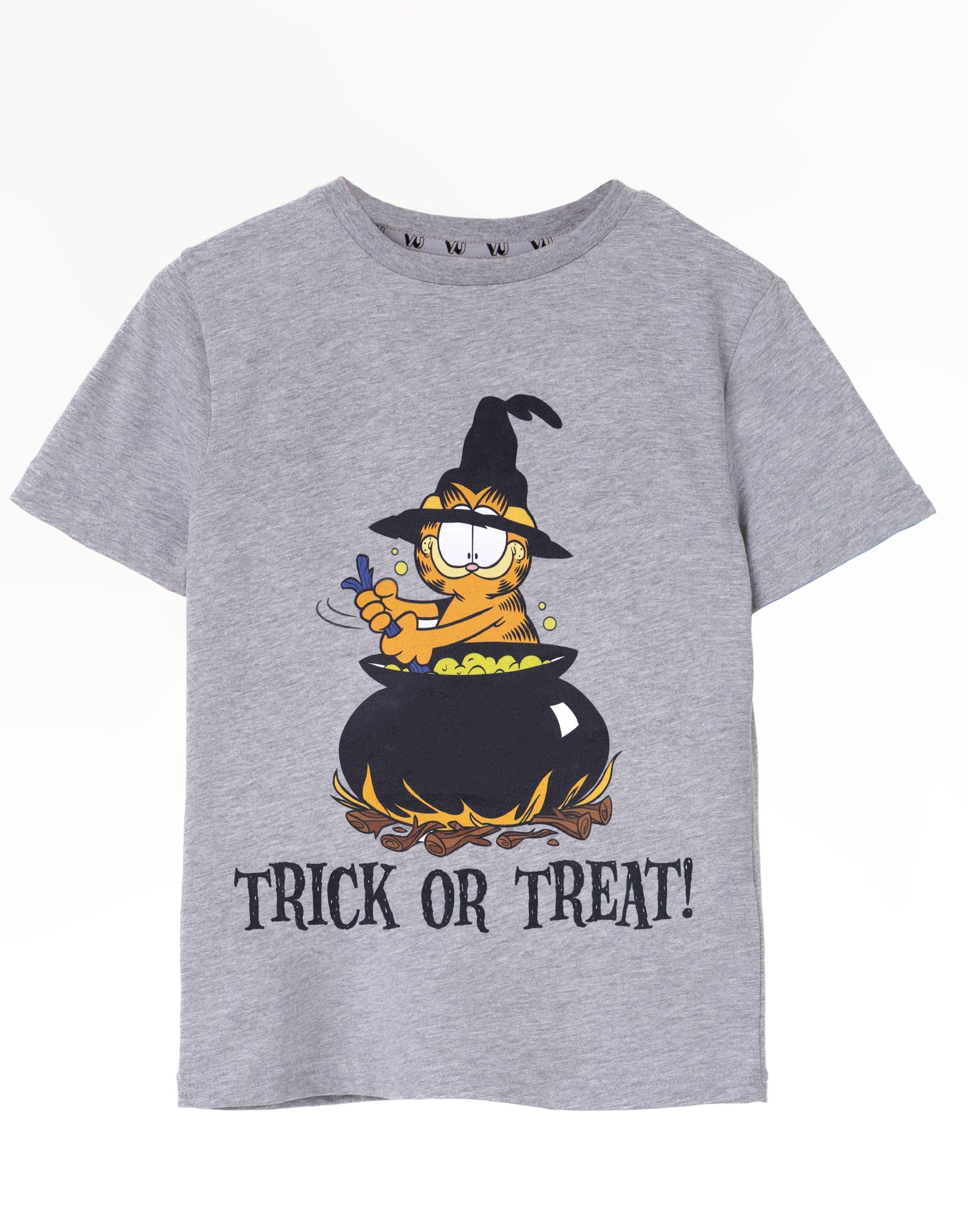 Garfield Boys Grey Kids T-Shirt | Trick Or Treat Halloween Short Sleeve Graphic Tee For Children | Cartoon Comfortable Seasonal Black Top | Spooky Merchandise Gift For And Girls