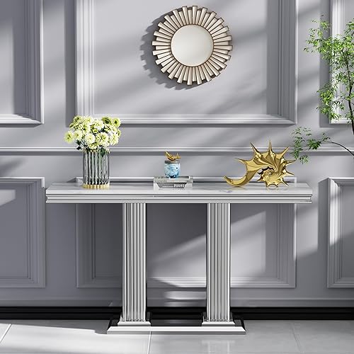 Miniatura 19 de SSLine Mesa de Centro Rectangular de Mármol Sintético para Sala de Estar, Mesa Central Moderna de Mármol Blanco de Lujo con Base de Diamante Mesa de