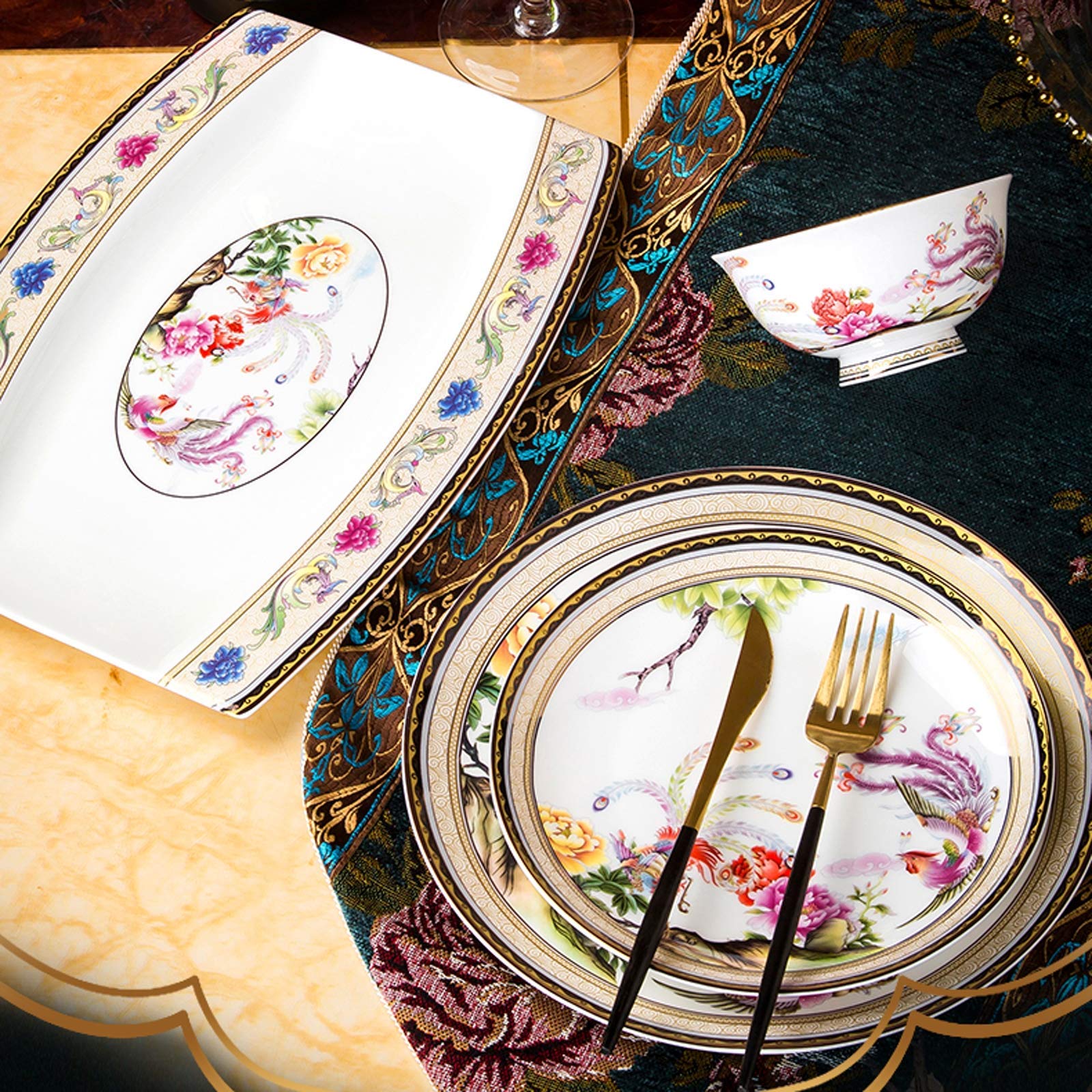 Klasyczna zastawa stołowa z ceramiki, Zestaw naczyń ceramicznych, Wysokiej klasy emaliowany porcelanowy garnek/talerz/miska na zupę | Zestawy obiadowe z porcelany kostnej, 50 sztuk