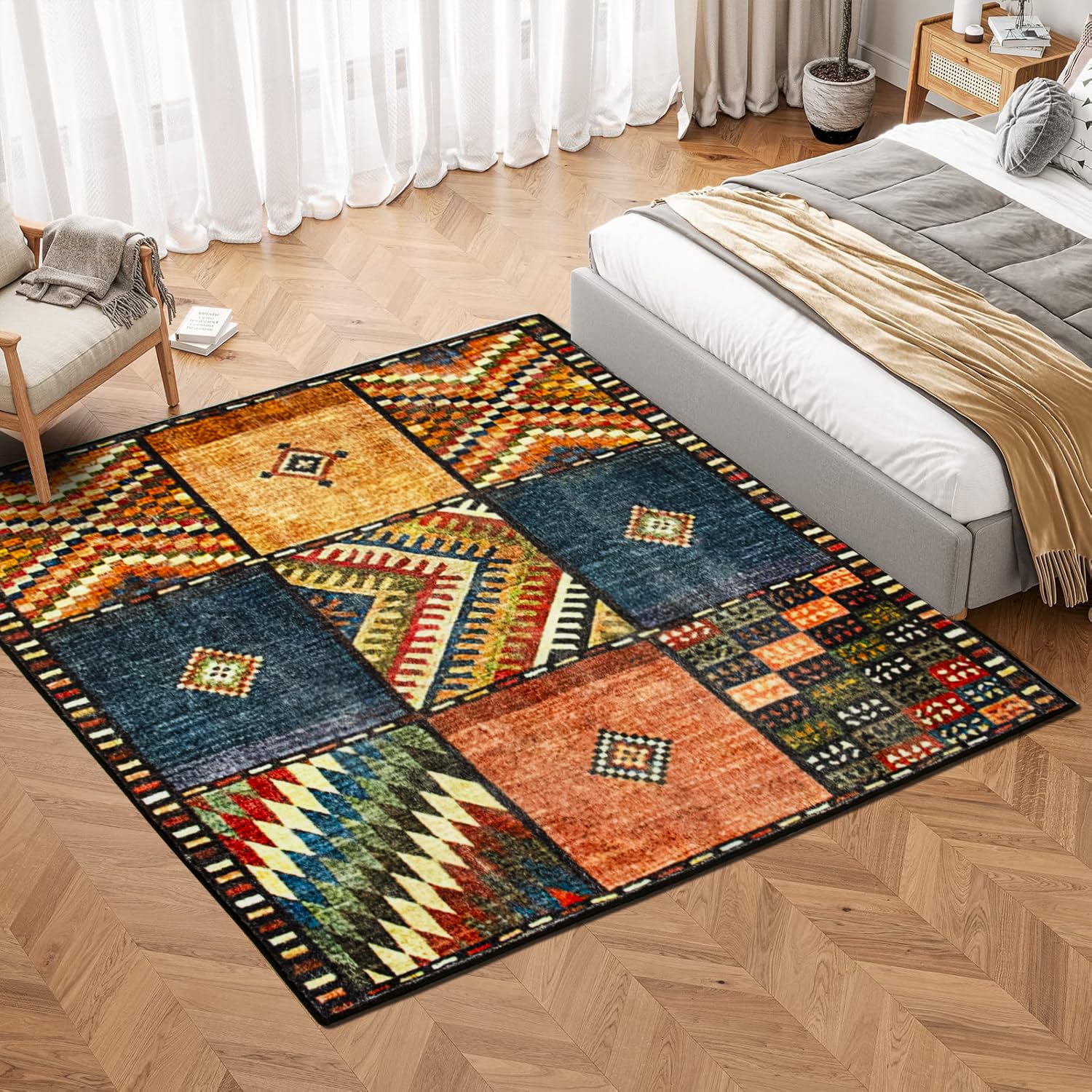 Vierkant vloerkleed, 120 x 120 cm, Marokkaans geometrisch tapijt, laagpolig woonkamertapijt, antislip, wasbaar voor slaapkamer, keuken, speelkamer, woondecoratie