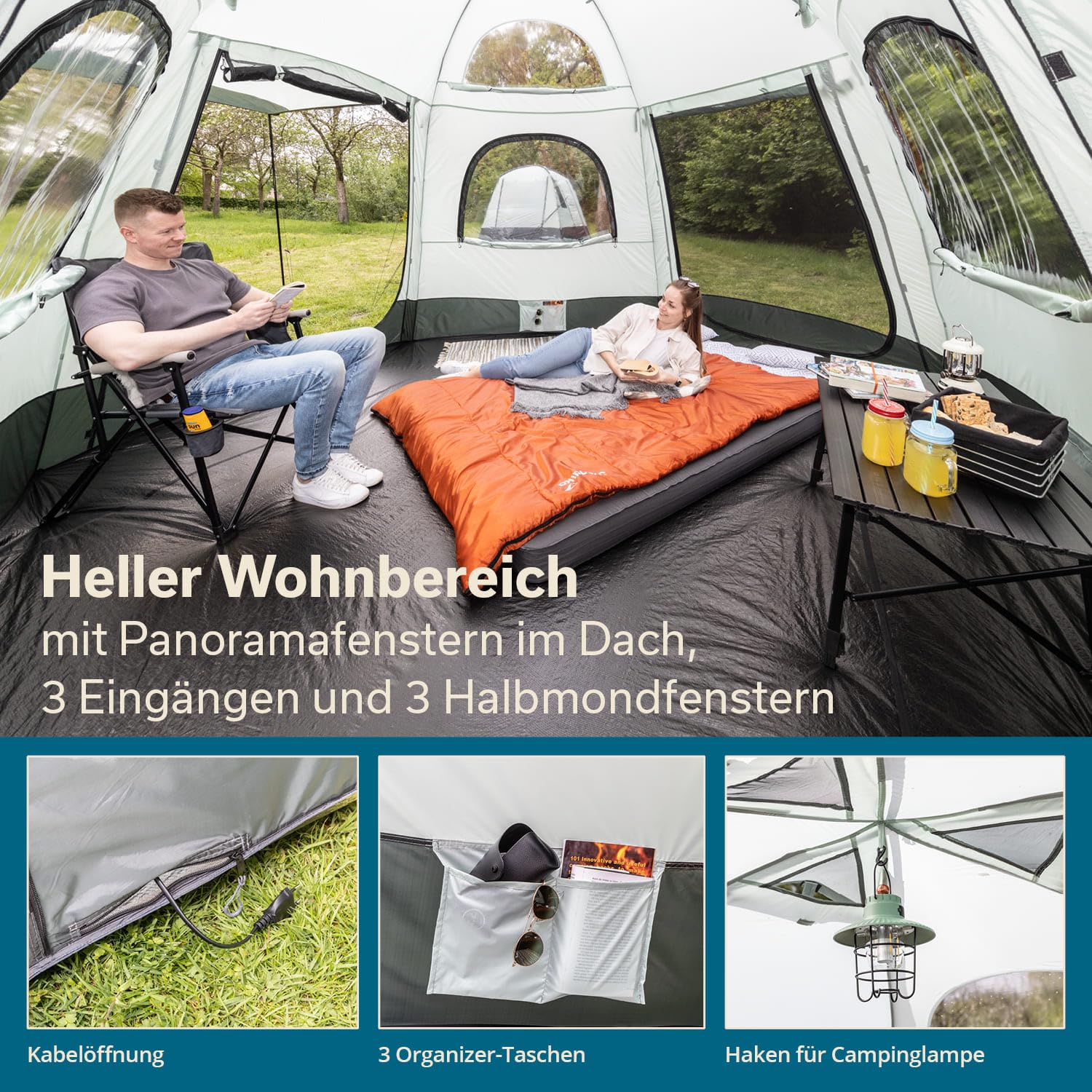 Skandika Busvorzelt Pitea Dome Protect | Freistehend, 2-4 Personen, Stehhöhe 2,2 m, 10,4 m² Wohnbereich, 3 Eingänge, Folienfenster, Moskitonetz, 3000 mm Wassersäule | Zelt für Auto, Bus, Van, Bulli
