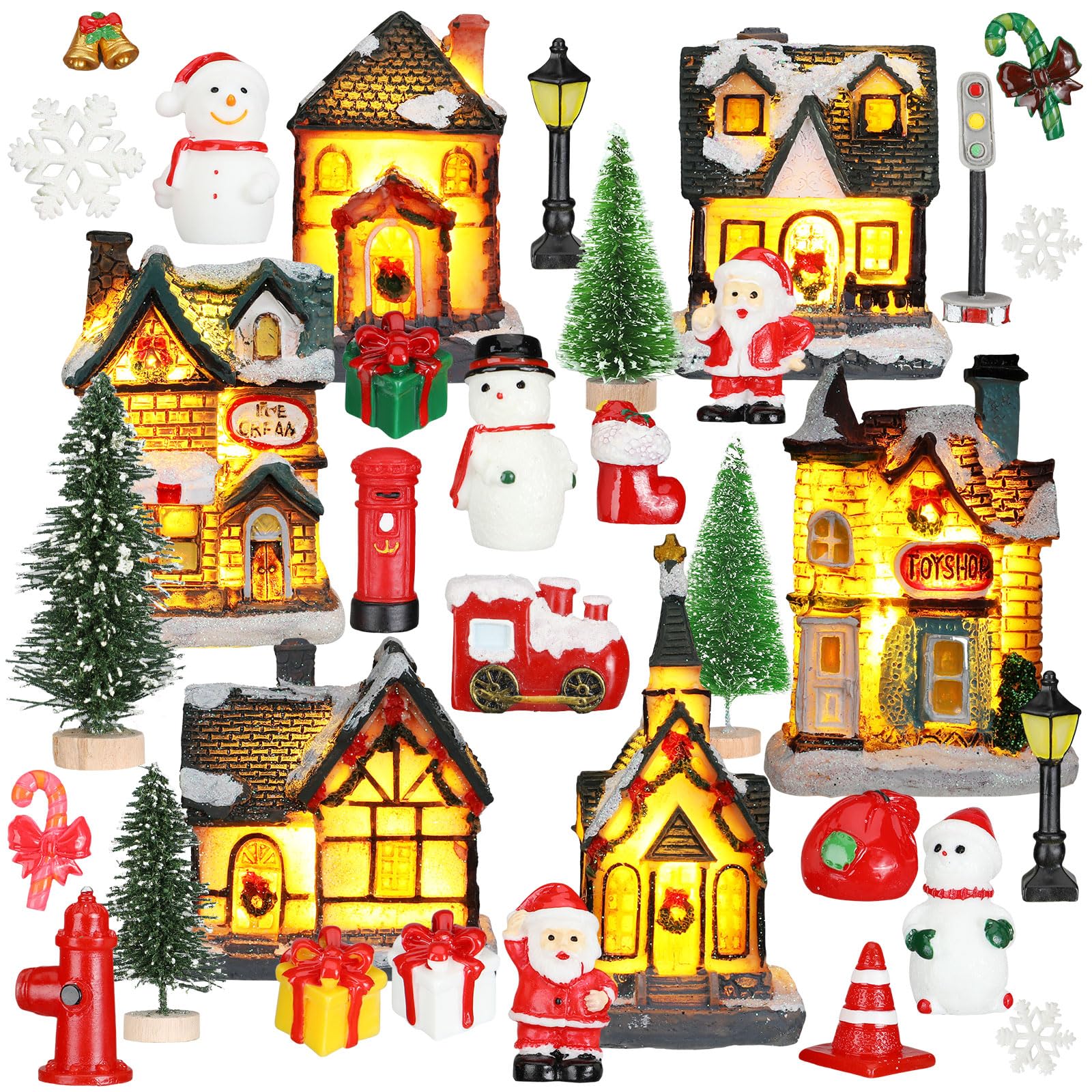 Liliful Set di 46 statuette natalizie con villaggio natalizio, decorazione illuminata a LED, in resina, da collezione, scena natalizia, ornamenti da scrivania, decorazioni per feste di Natale