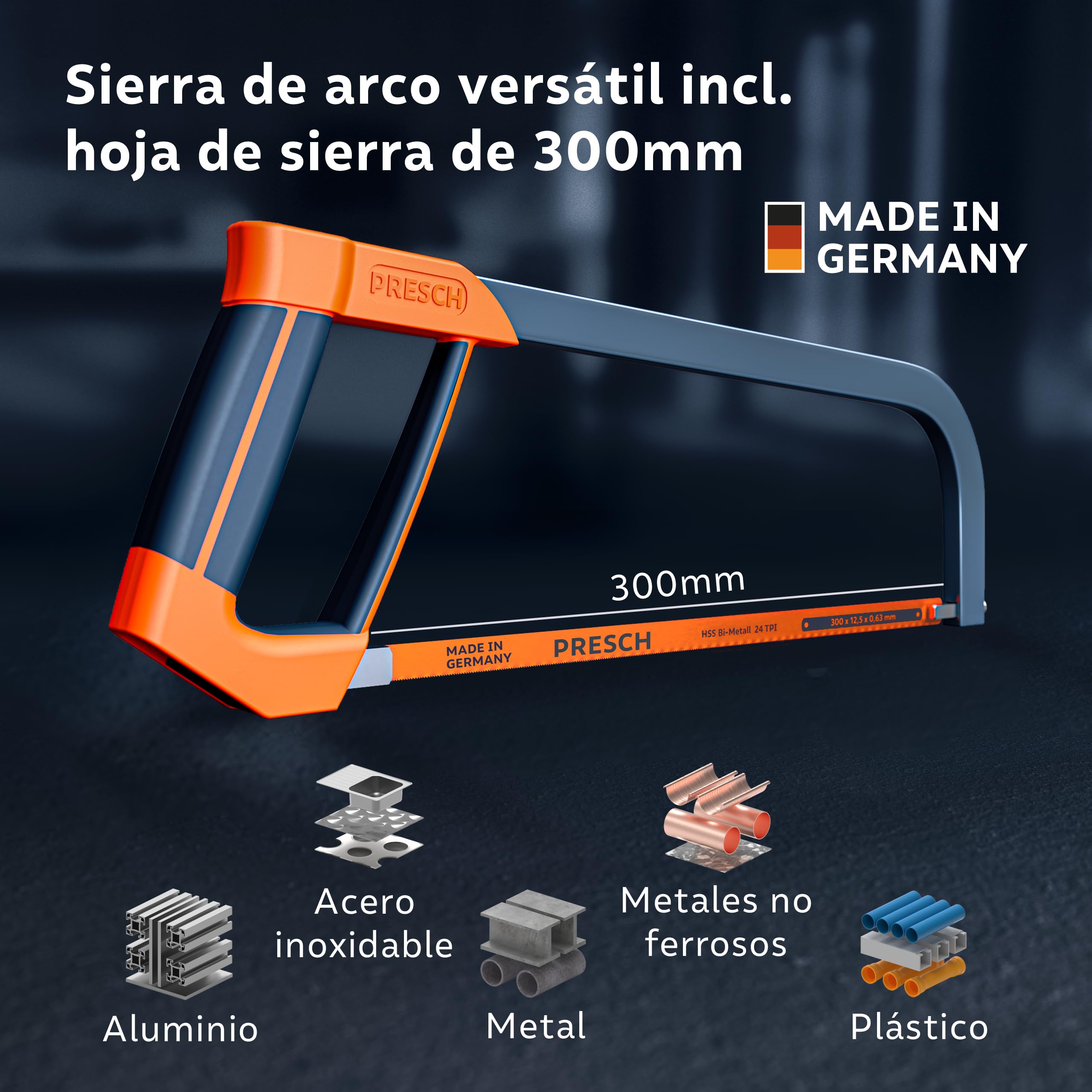 Presch Sierra de arco 300mm - Con hoja de sierra BI-metal para un corte preciso - 90° Rotación de la hoja de sierra para cortes horizontales y verticales - Mango con llave de tensión incluida