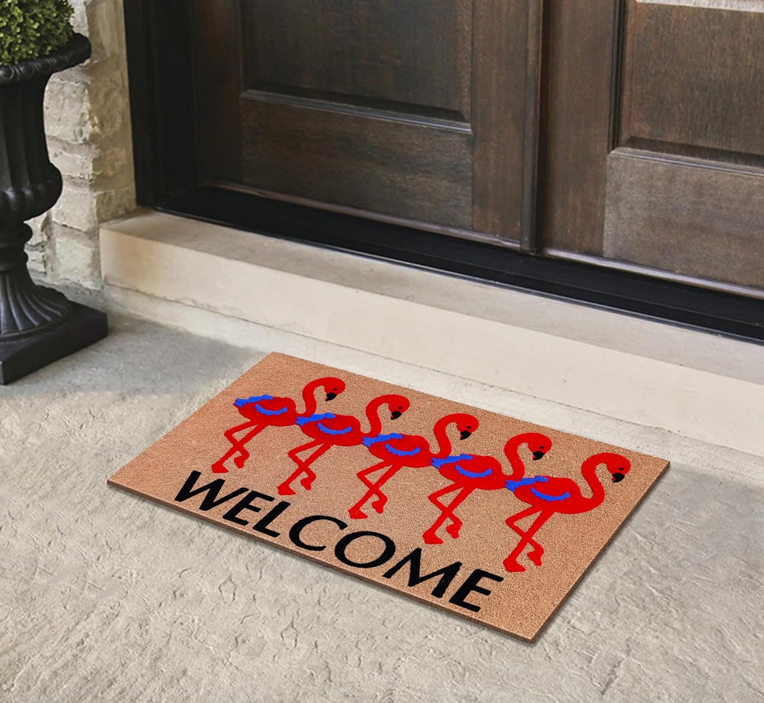 A1 Home Collections A1HC Natural Coir Entrance Flamingo Door Mats, Non-Slip, Flock Welcome Doormat, Thin-Profile, Coco Coir Doormats, High Traffic Areas (24x39, Flamingo Flock)
