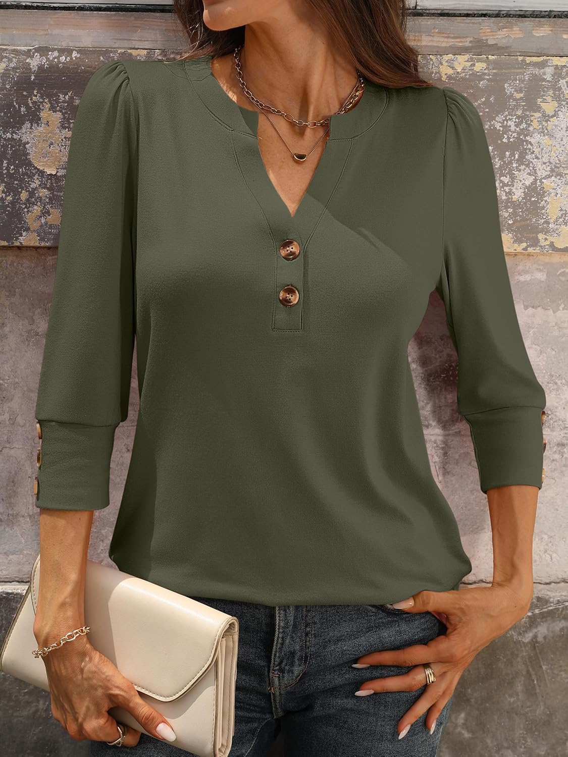 ANRABESS Womens Tops 3/4 Sleeve Casual Henley Shirts V Neck Buttons Dressy Work Business Blouses 2026 Spring Trendy Clothes - Image 4