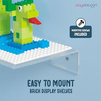 Play Platoon Building Brick Display Shelves 2 Pack Minifigure Display Case Shelf - 12x5 Inch Acrylic Wall Mount Shelf for Wall, Compatible with Lego, Megablox, and Other Major Brands - White