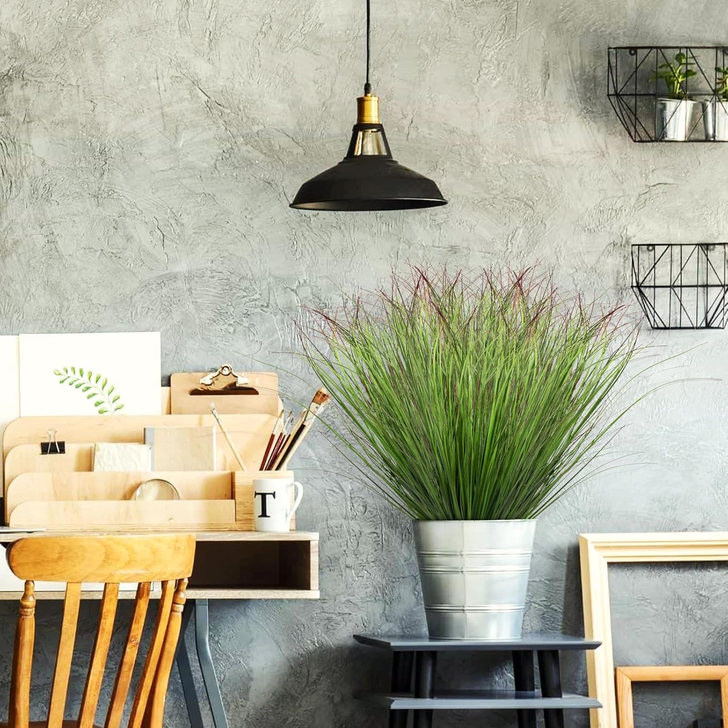 16 Bundles Artificial Grass Plants Outdoor Tall Faux Shrubs Greenery Stems Fake Onion Grasses Wheat Grass UV Resistant Faux Bushes Plant for Garden Indoor Office Home Decor(Red-Tipped Green) - Image 3