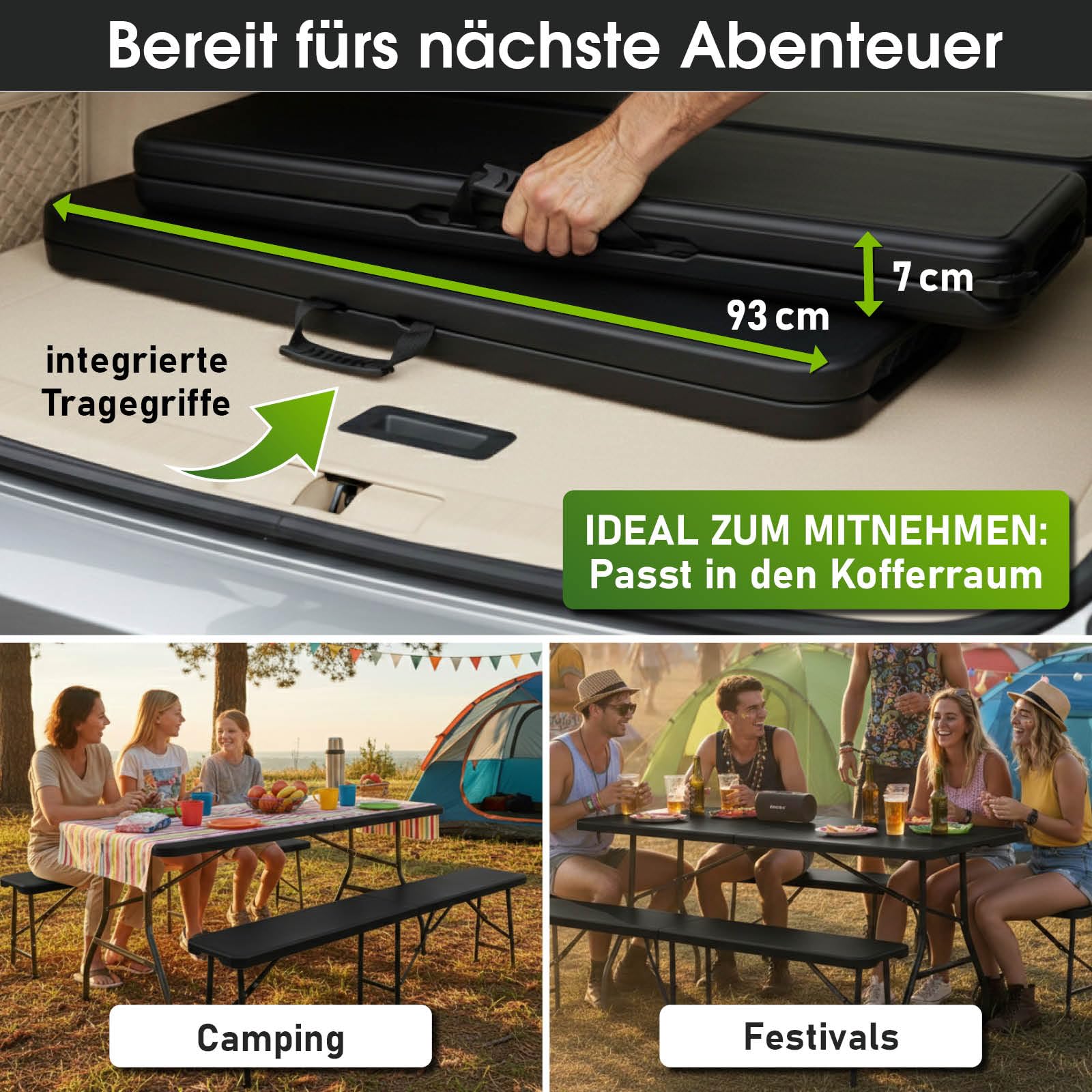 BRAST Bierzeltgarnitur Josef | 3er Set klappbar | 1x Tisch 180x74x74cm & 2X Sitzbank | für 10 Personen | 2 Varianten | inkl. Gratis Zubehör | Einrastsystem & Tragegriffe | Schwarz