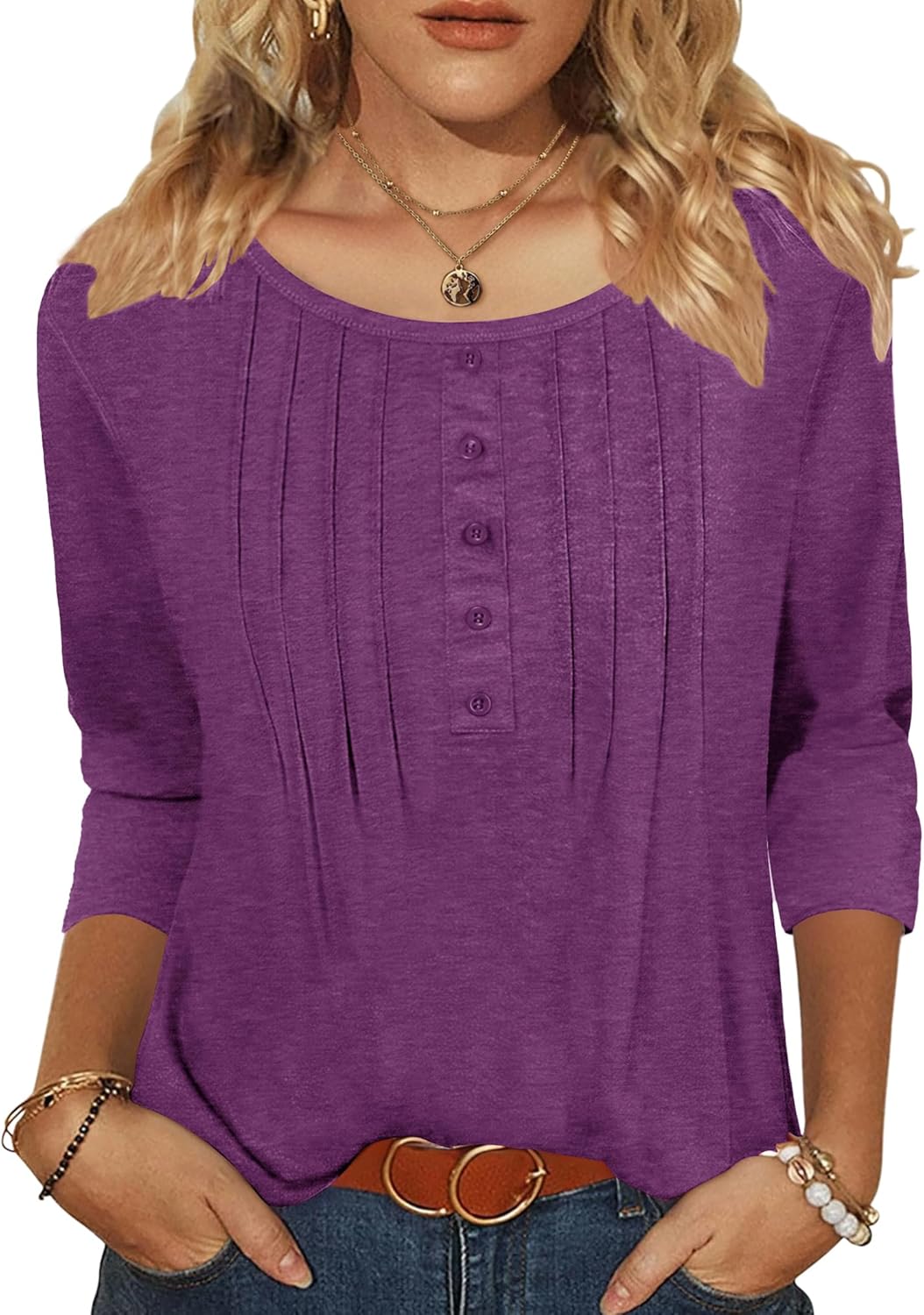 Zeagoo 3/4 Length Sleeve Womens Tops Round Neck Casual Summer Tunic Tops Basic Tees Blouses Dressy T-Shirts Pleated Shirts - Image 2