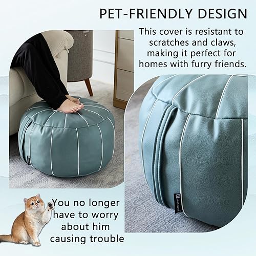 Miniatura 7 de Dayer - Funda de puf sin relleno, puf de piel sintética, puf otomano, reposapiés redondo y asiento de taburete, pufs de color marrón oscuro para