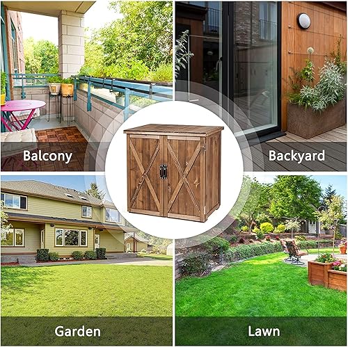 Miniatura 6 de GRAFFY - Cobertizo de almacenamiento de madera para jardín, gabinete de herramientas compacto con puertas y asas, para jardín y patio