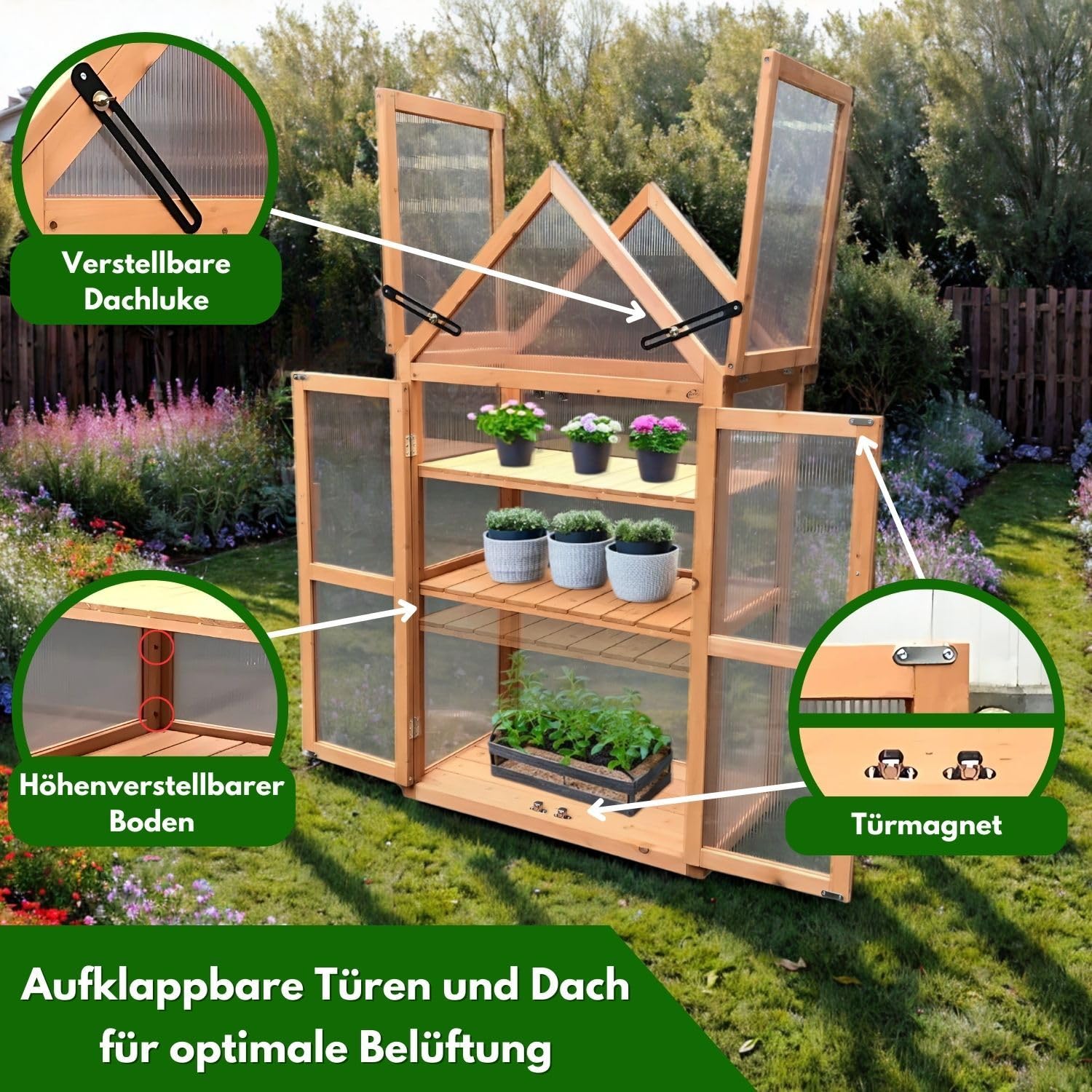 Coemo Holz-Gewächshaus Jan – Stilvolles Design, 65x40x120 cm, Farbe Braun, Aufklappbare Türen und Dach, Winterschutz Gewächshaus -Wetterfestes Pflanzenhaus für Kräuter, Tomaten & Setzlinge