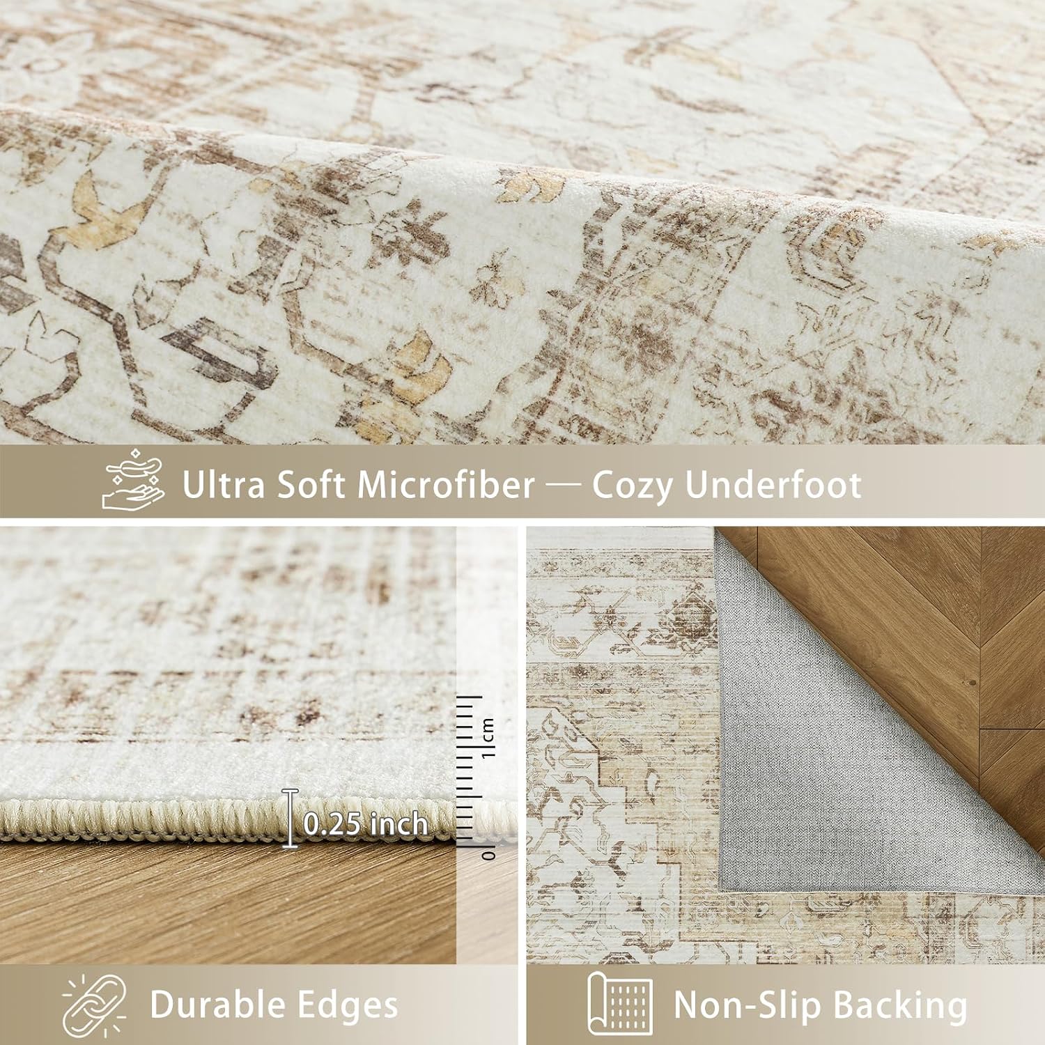 5x7 Area Rug, Vintage Distressed Medallion Pattern Beige Rug, Non-Slip Low-Pile Soft Carpet for Living Room, Bedroom, Kitchen, Home Office, Foldable & Machine Washable Rugs thumbnail