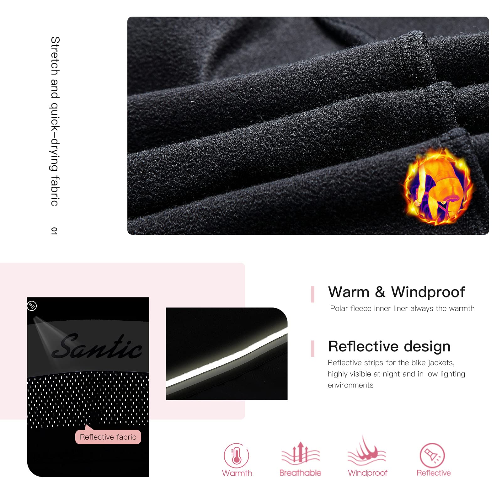 Santic Chaquetas Ciclismo Mujer Chaquetas Running Polar Invierno Manga Larga Cortavientos Maillots Jersey Térmico Negro Rosa
