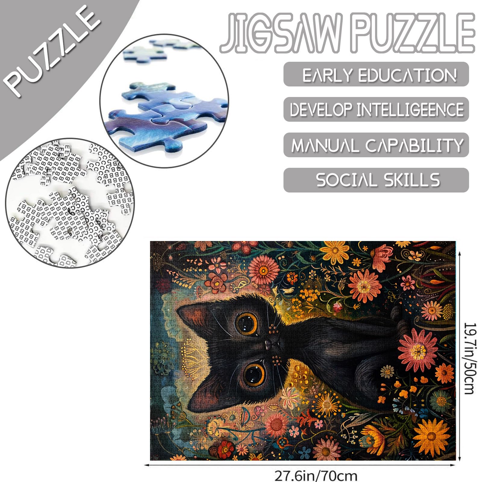 Tucocoo; adult puzzle 1000 pieces; black kitten; enchanted garden cat; challenging family activity; abstract floral art; DIY wall decoration - Image 3