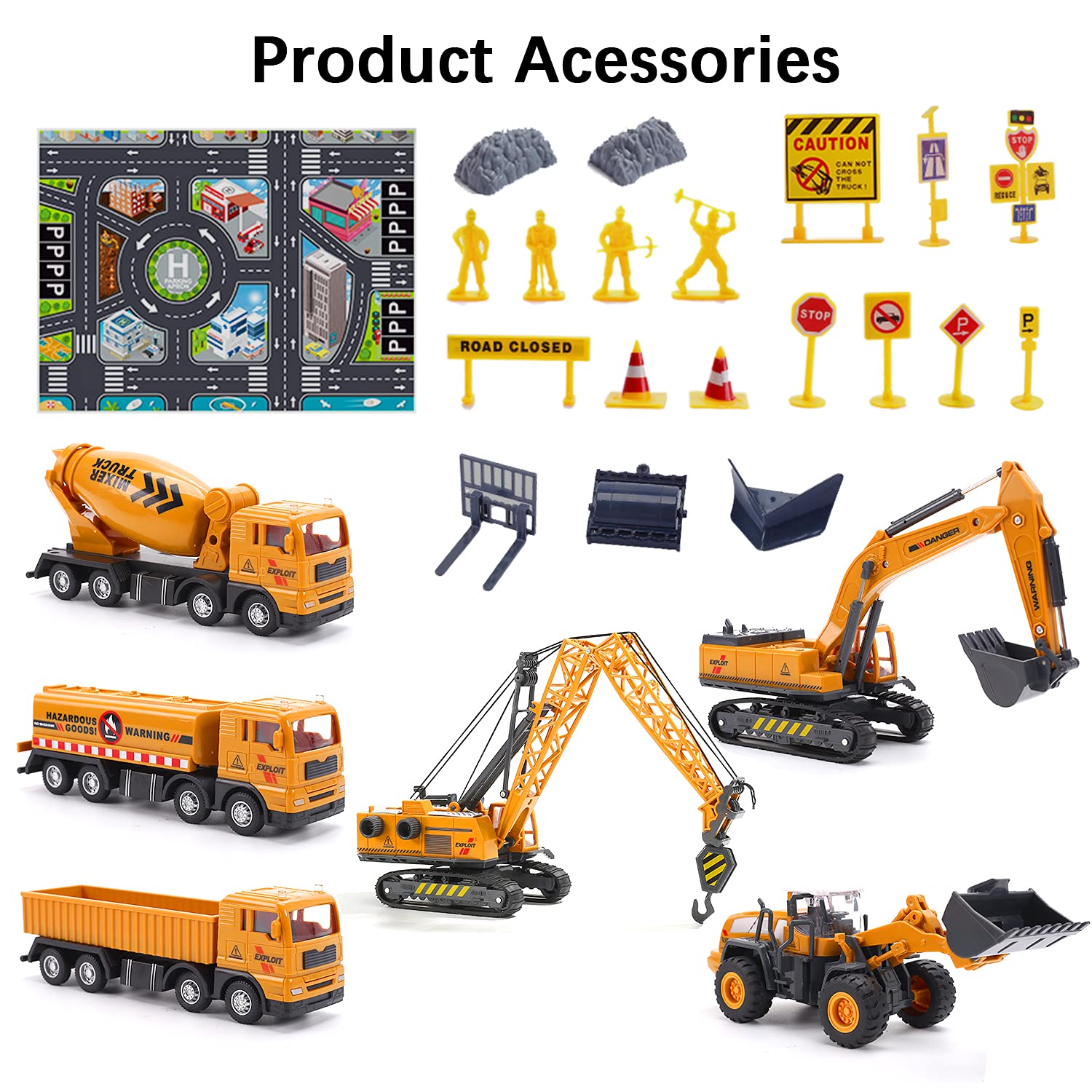 CUTE STONE Construction Vehicles Playset with Playmat, Kids Engineering