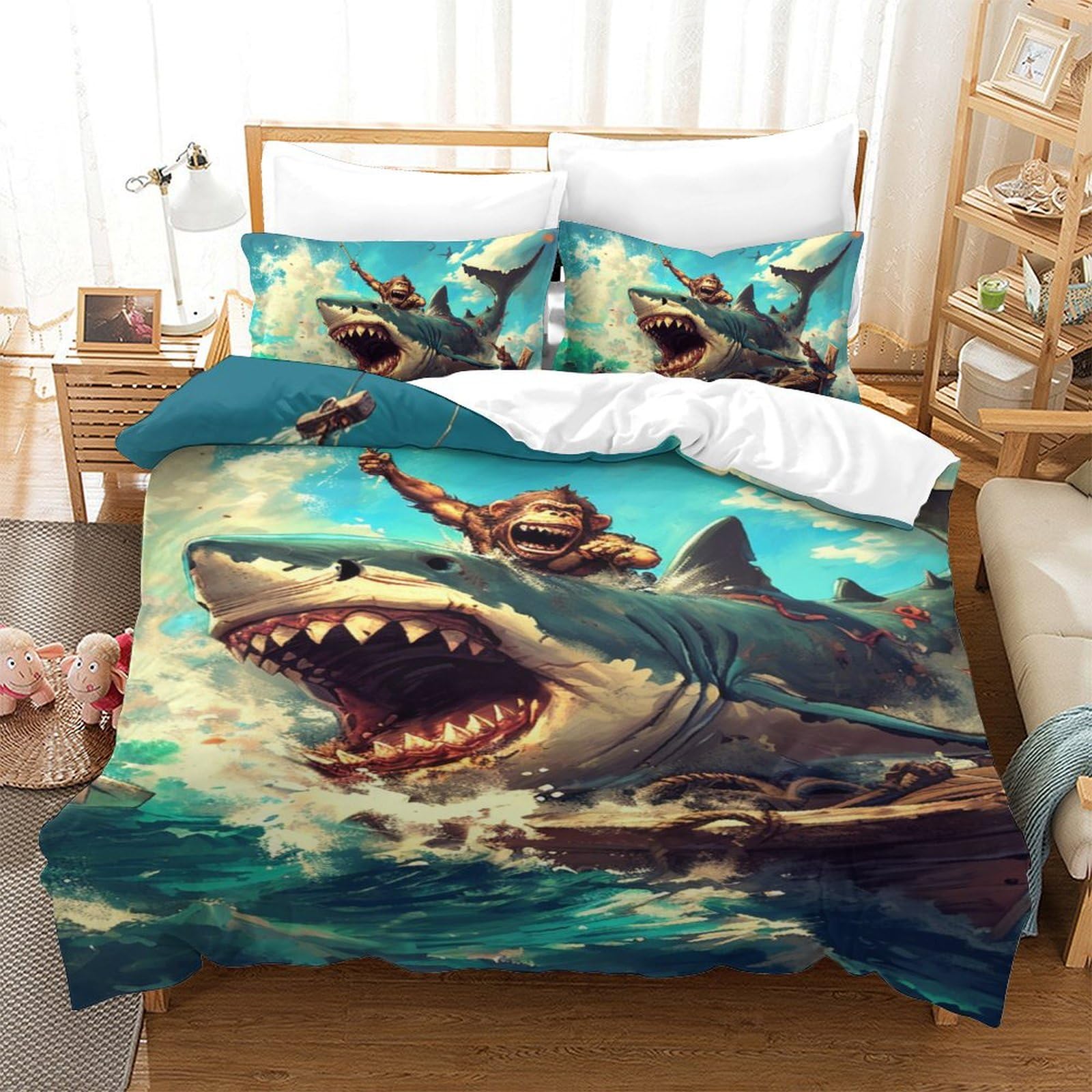 Parure de lit requin 3D housse de couette microfibre douce 140x200