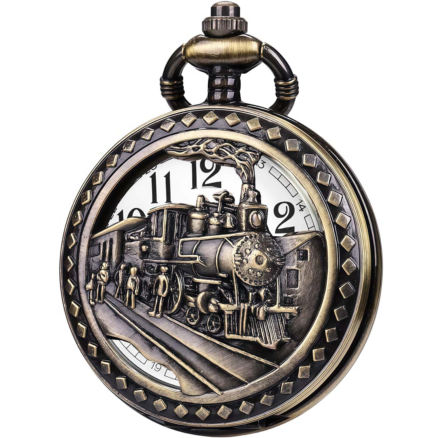Antique Men Pocket Watch With Chain Bronze Case 3D Locomotive Steam Train Railroad Hollow + Box-image-42
