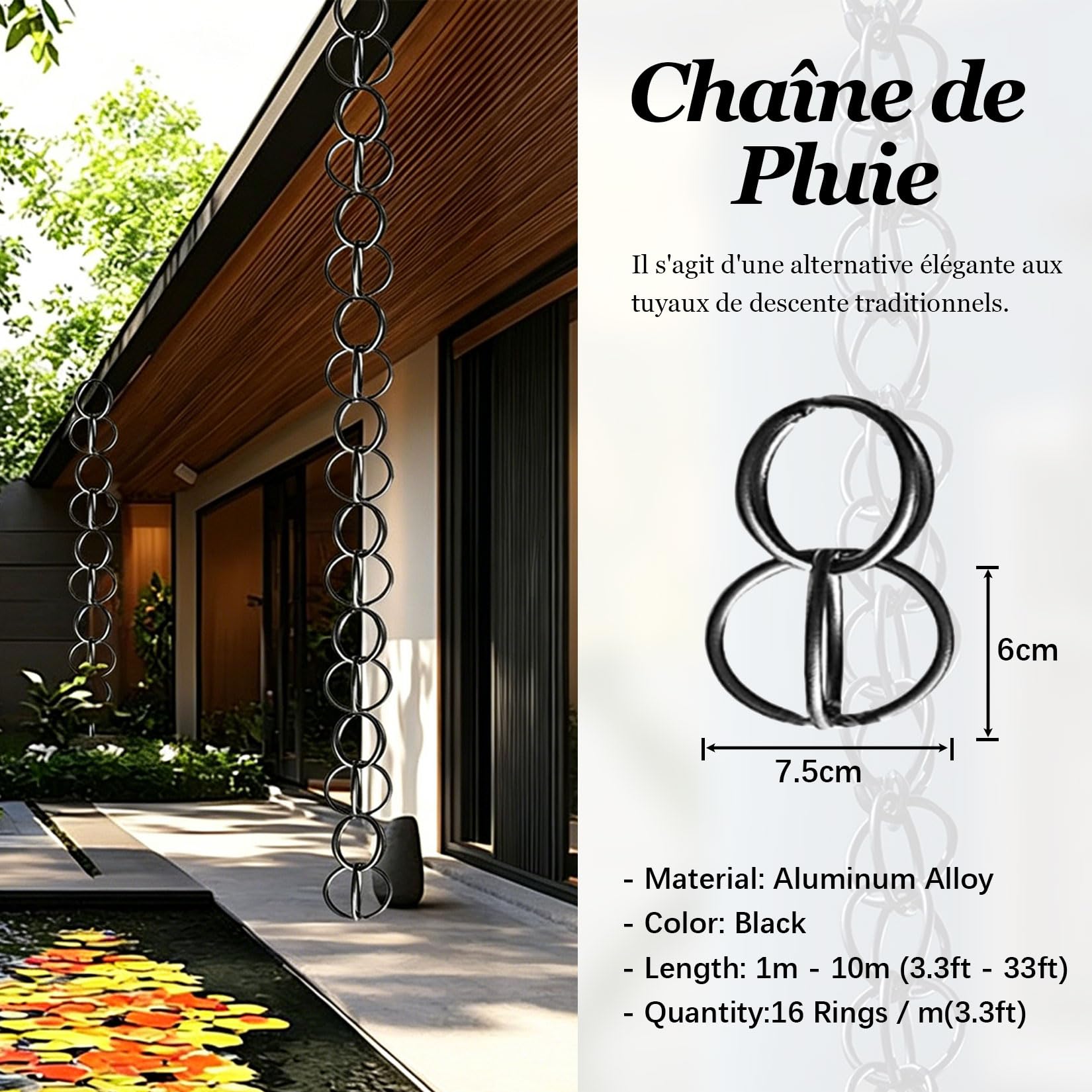 Chaîne de Pluie,Chaine de gouttiere,Rain Chain,pour Gouttiere ChaîNe De Pluie Japonaise pour Les Fortes,Remplacement de Descente Extérieure,pour Toit,Jardin 2.4m(8ft) Noir