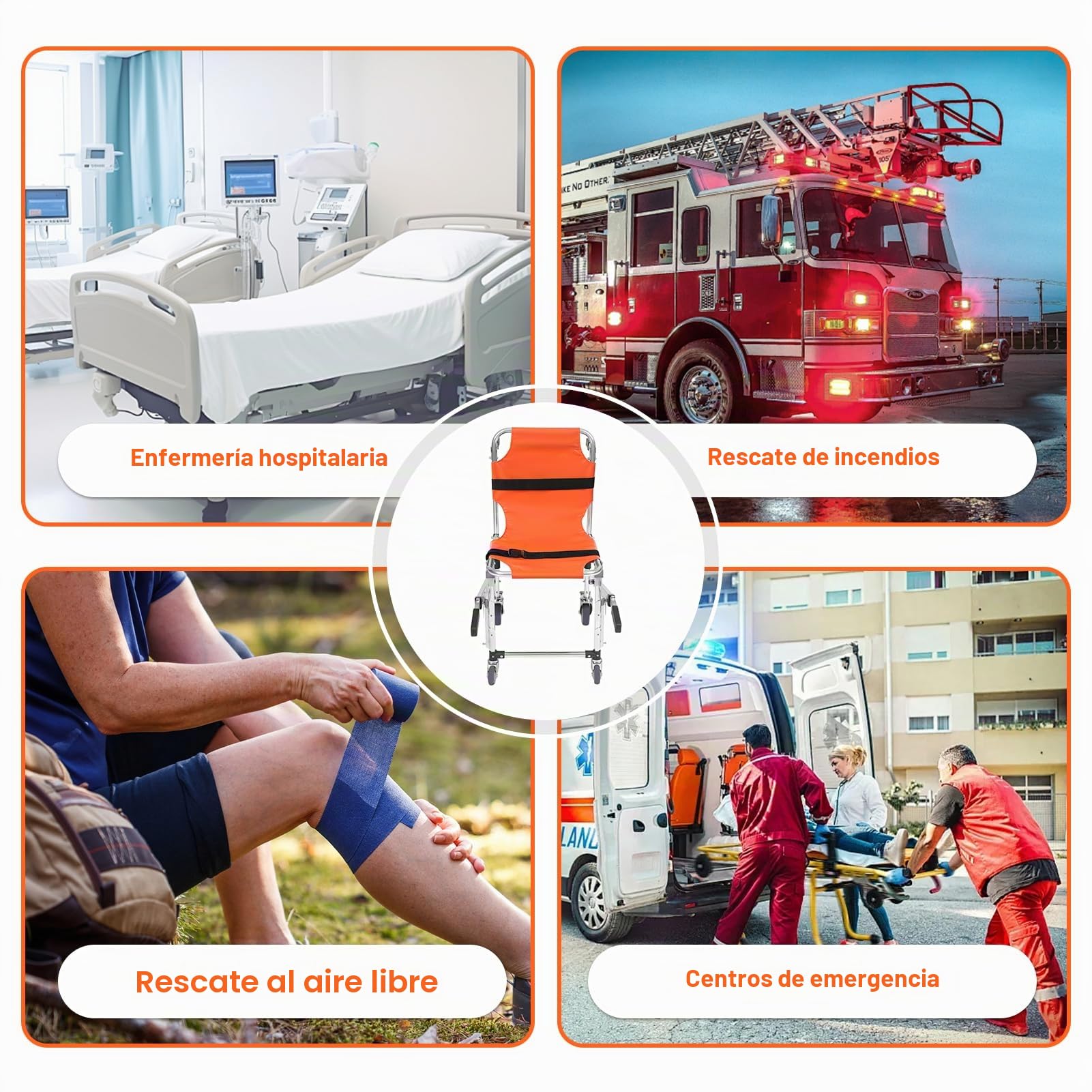 Silla de evacuación, silla de escalera de aleación de aluminio, ligera, plegable con cierre rápido, silla de evacuación para ambulancia bombero (naranja)
