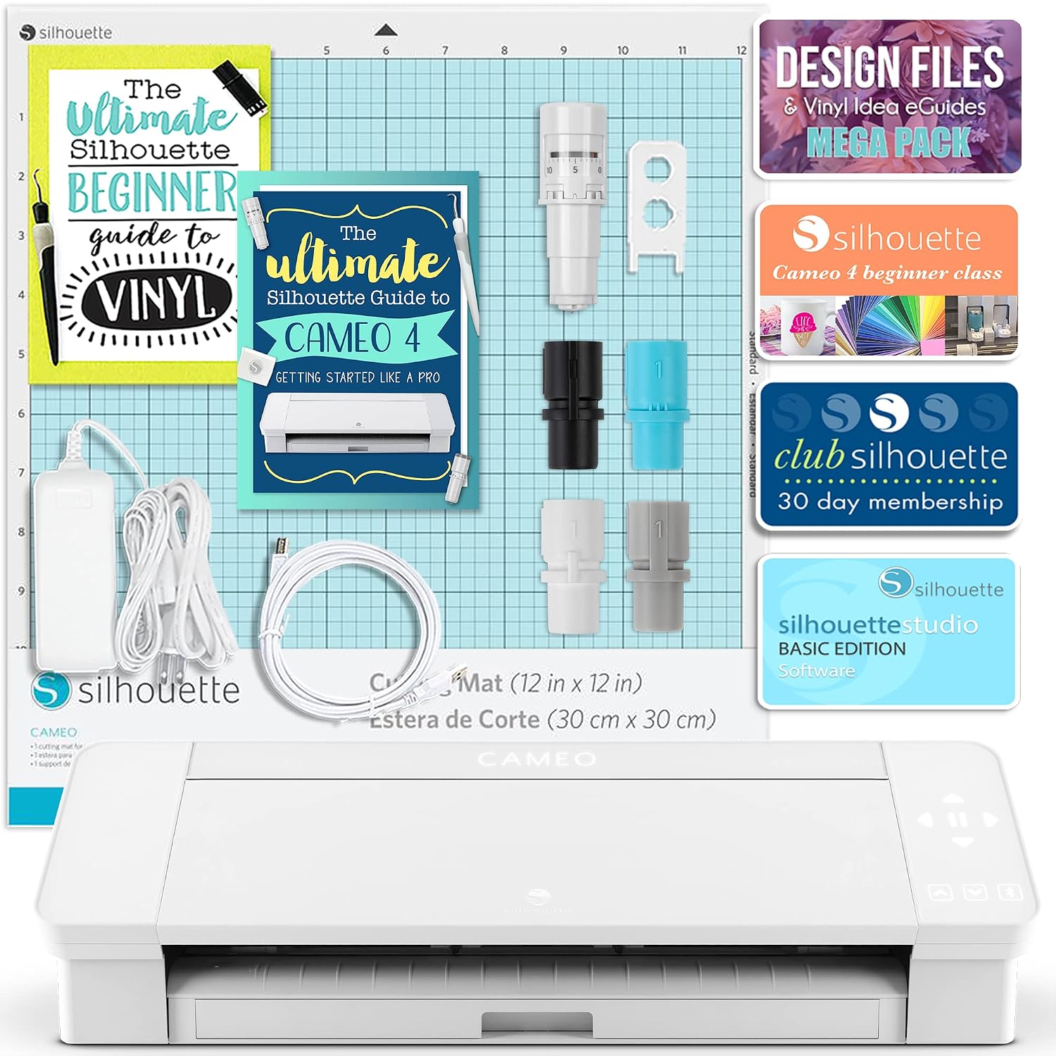 Silhouette White Cameo 4 Bundle with 64 Oracal Vinyl Sheets, Tools, Designs, Guides, How To's, and More