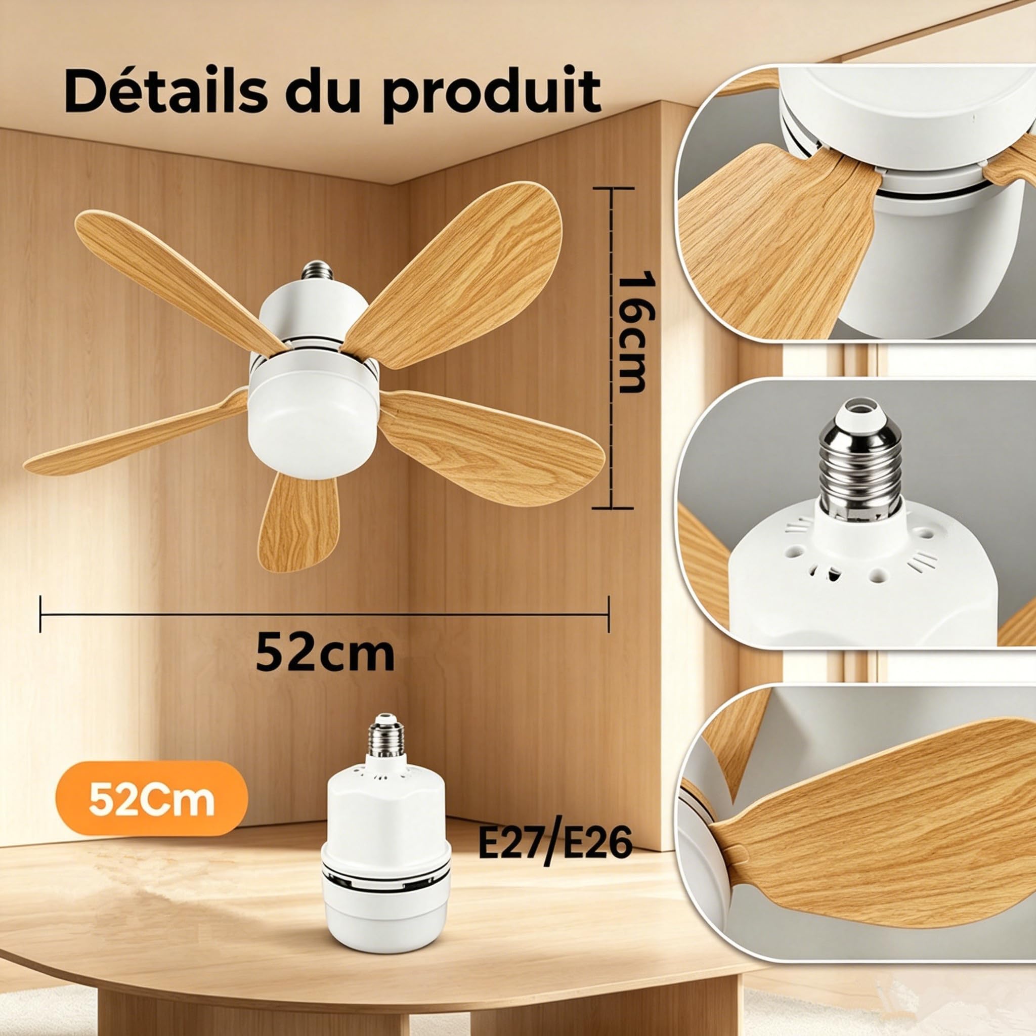 lot de 3 Ventilateur de Plafond avec Lumière et Telecommande, E27/E26 40W Lampe de Ventilateur LED Dimmable Plafonnier Timing, Silencieux, 5 Pales, 3 Vitesses pour Chambre Salon, Bureau