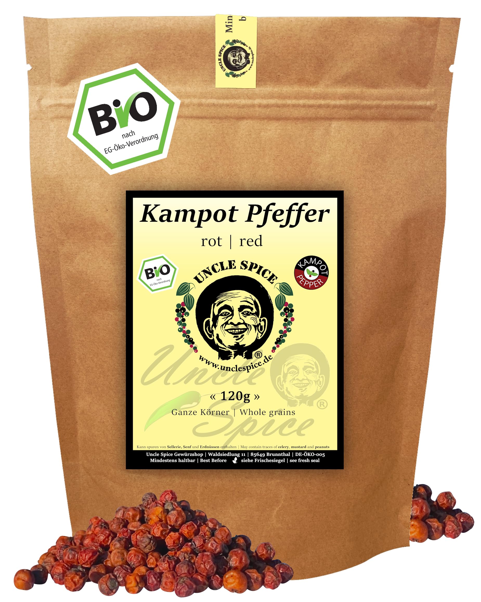 UNCLE SPICE® BIO Roter Kampot Pfeffer ganz 120g – Premiumqualität aus Kambodscha, handverlesen & sonnengetrocknet – Fruchtig-scharfer Gourmet Pfeffer, im Öko-Aromabeutel, DE-ÖKO-005