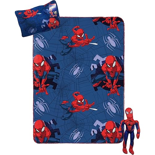 Jay Franco Marvel Spiderman Travel Set - 3 Piece Kids Travel Set Includes Blanket, Pillow, & Plush