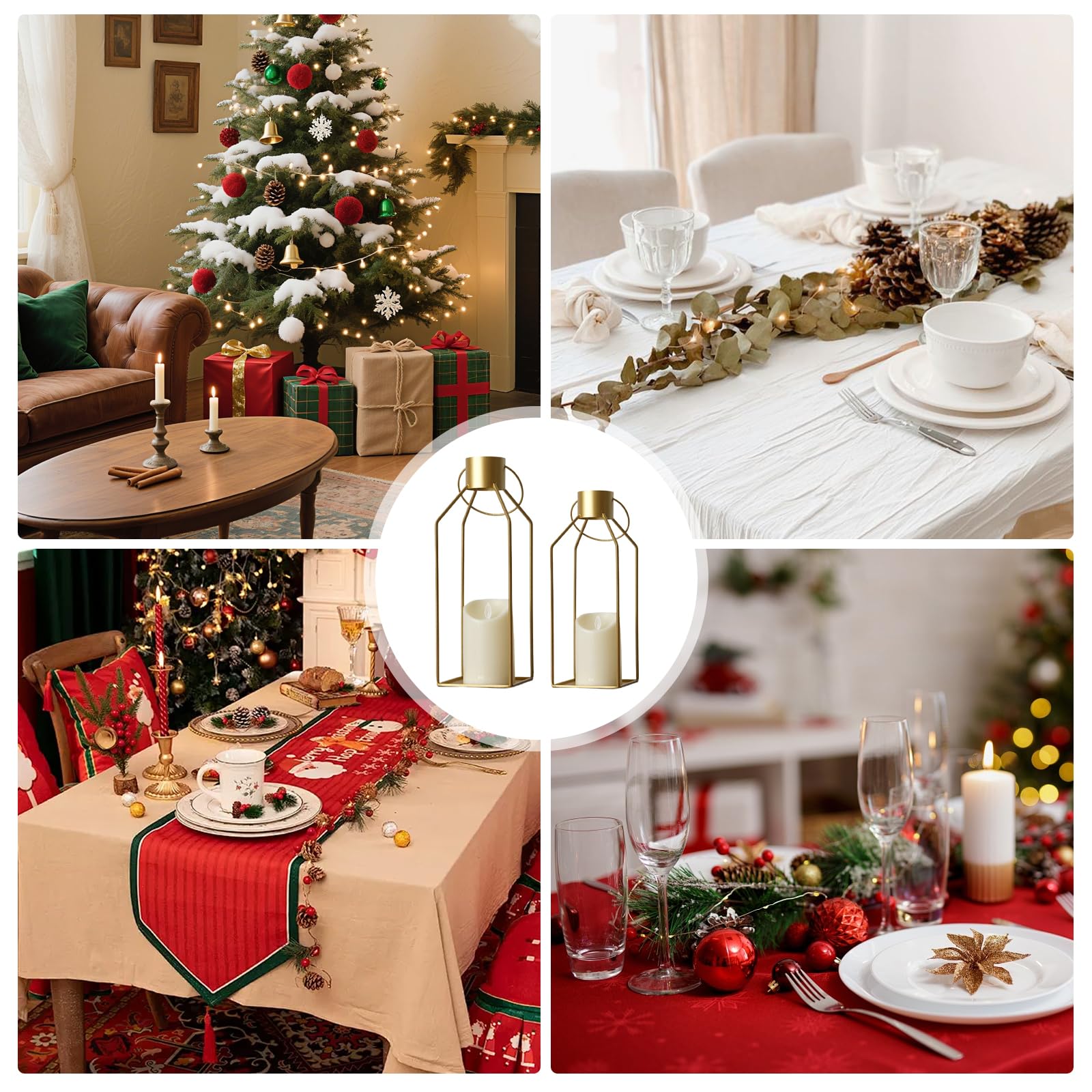 Farolillos para exterior con velas LED, juego de 2 farolillos de jardín de 32 + 40 cm, farolillos decorativos de acero inoxidable, farolillos decorativos para decoración de mesa, boda, Navidad (dorado