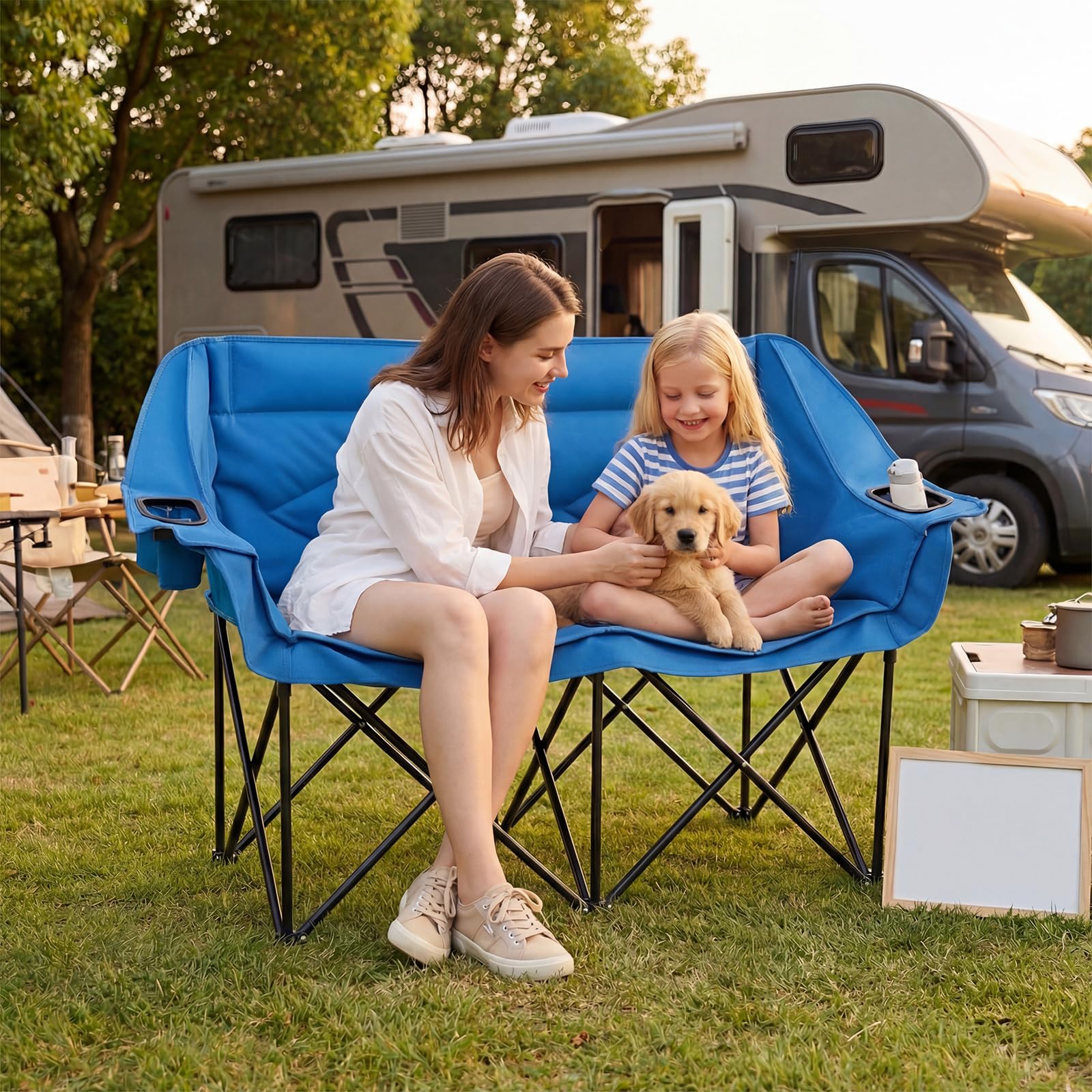 COSTWAY Campingstuhl faltbar für 2 Personen, XXL Campingsofa mit Getränkehaltern, Glashaltern und Netztaschen, 300 kg Tragfähigkeit, gepolsterter Klappstuhl, Faltsofa, Campingcouch