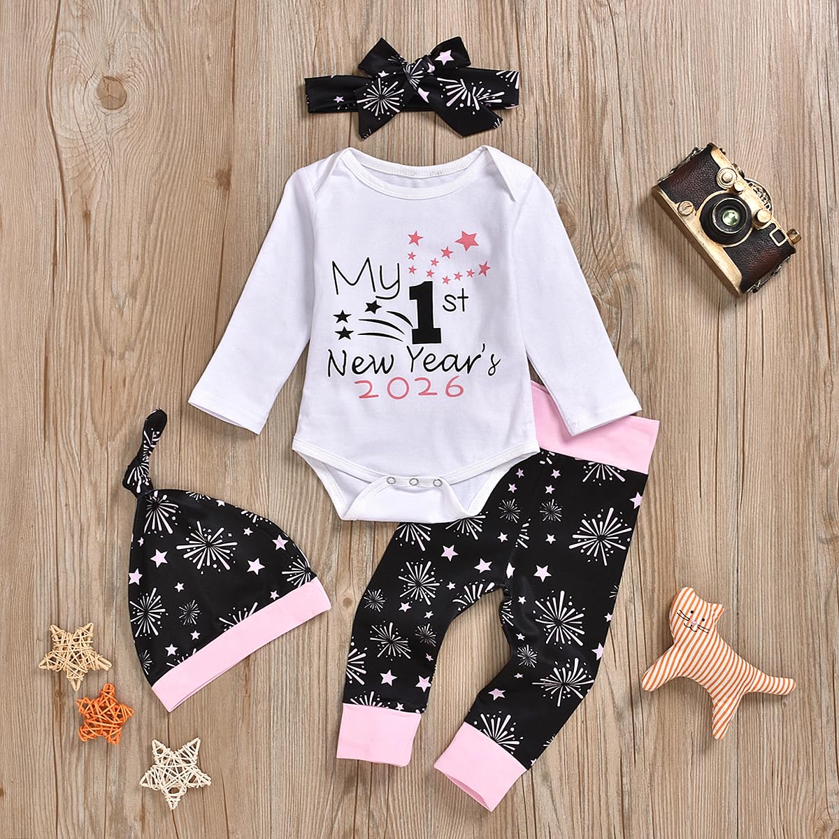 Xfglck Trajes de Año Nuevo para bebés recién nacidos, mameluco con letras, pantalones de fuegos artificiales, ropa para mi primer año nuevo 2023