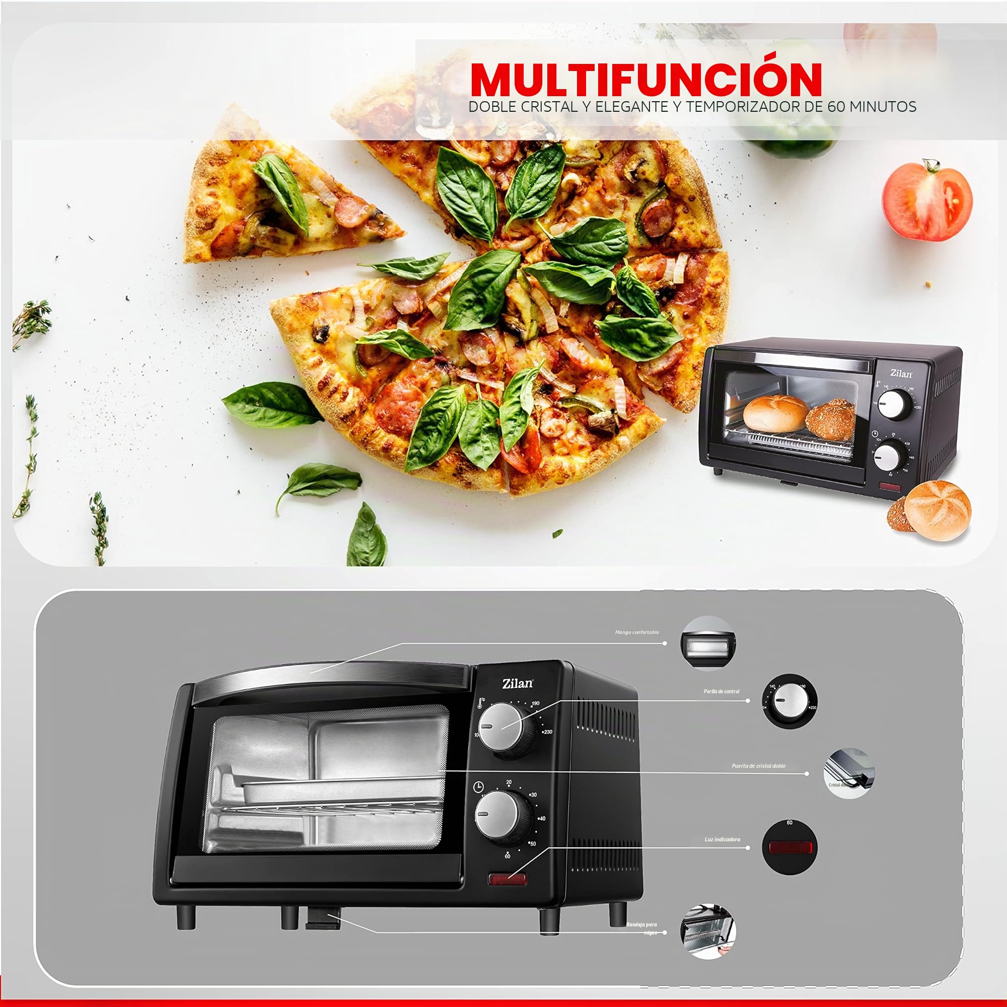 zilan z şekil - Horno eléctrico de 9 litros, doble cristal de seguridad, temporizador, 2 unidades, resistencia al cuarzo, bandeja recogemigas, 1 bandeja cuadrada, rejilla cromada, 800 W, ZLN4328