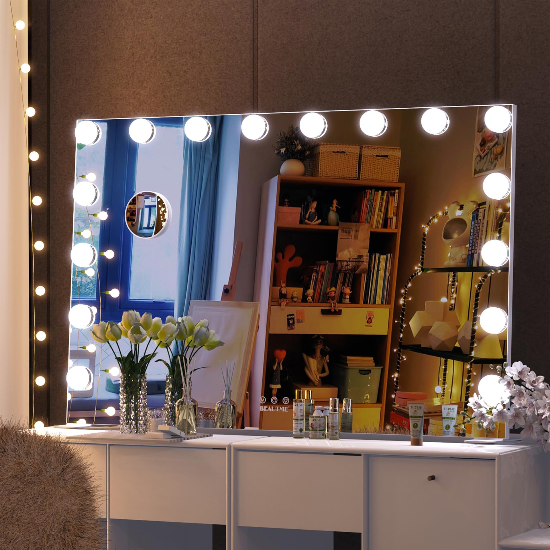BEAUTME Hollywood Mirror Makeup Vanity Mirror with Lights,Large Dressing Illuminated Cosmetic Makeup Mirror with LED Bulbs.Aluminum Frame Lighted Beauty Mirror (91.1×61.6 cm-White)