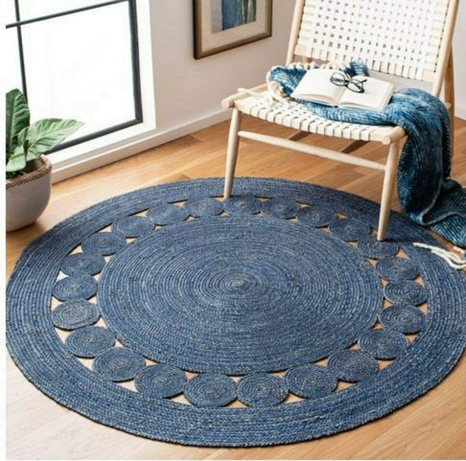 Ripaz Tapis en Jute tressé à la Main pour décoration d'intérieur (60 x 60 cm, Rond, Bleu)