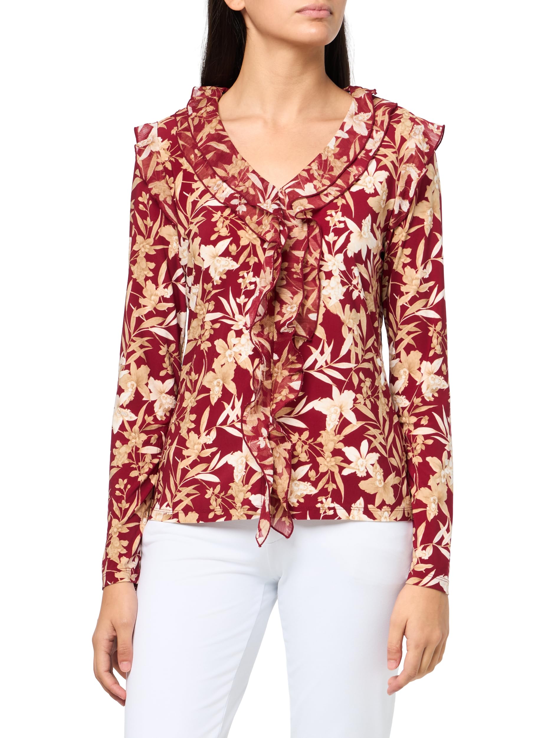 Women's Long Sleeve V-Neck Ruffle Front Mixed Media Top