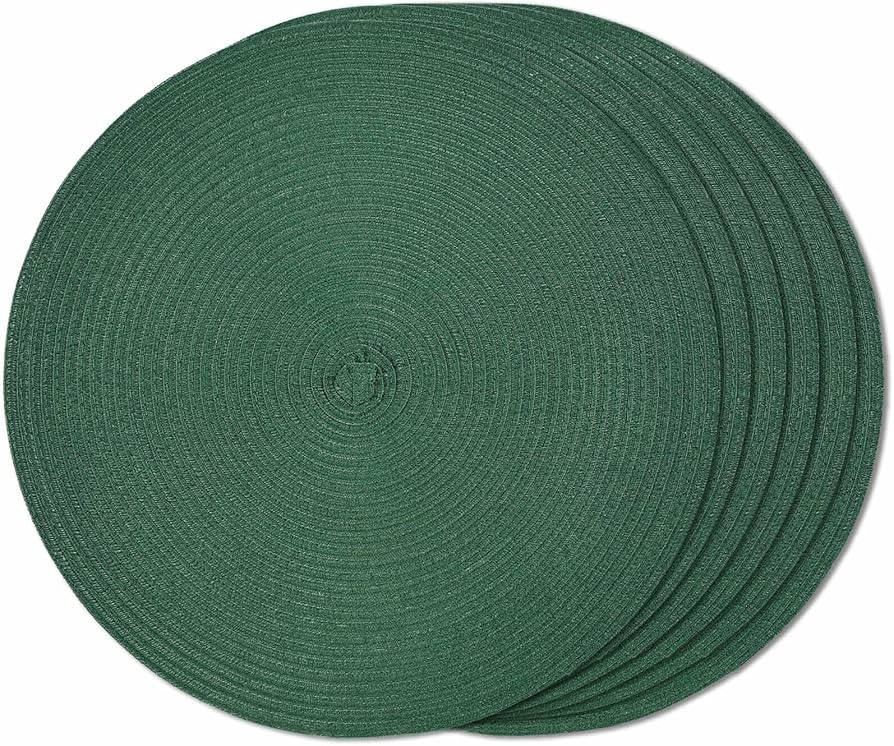 FunWheat Round Braided Placemats Set of 6 Place mats for Dining Tables Woven Heat Resistant Table Mats 15 inch (Dark Green)