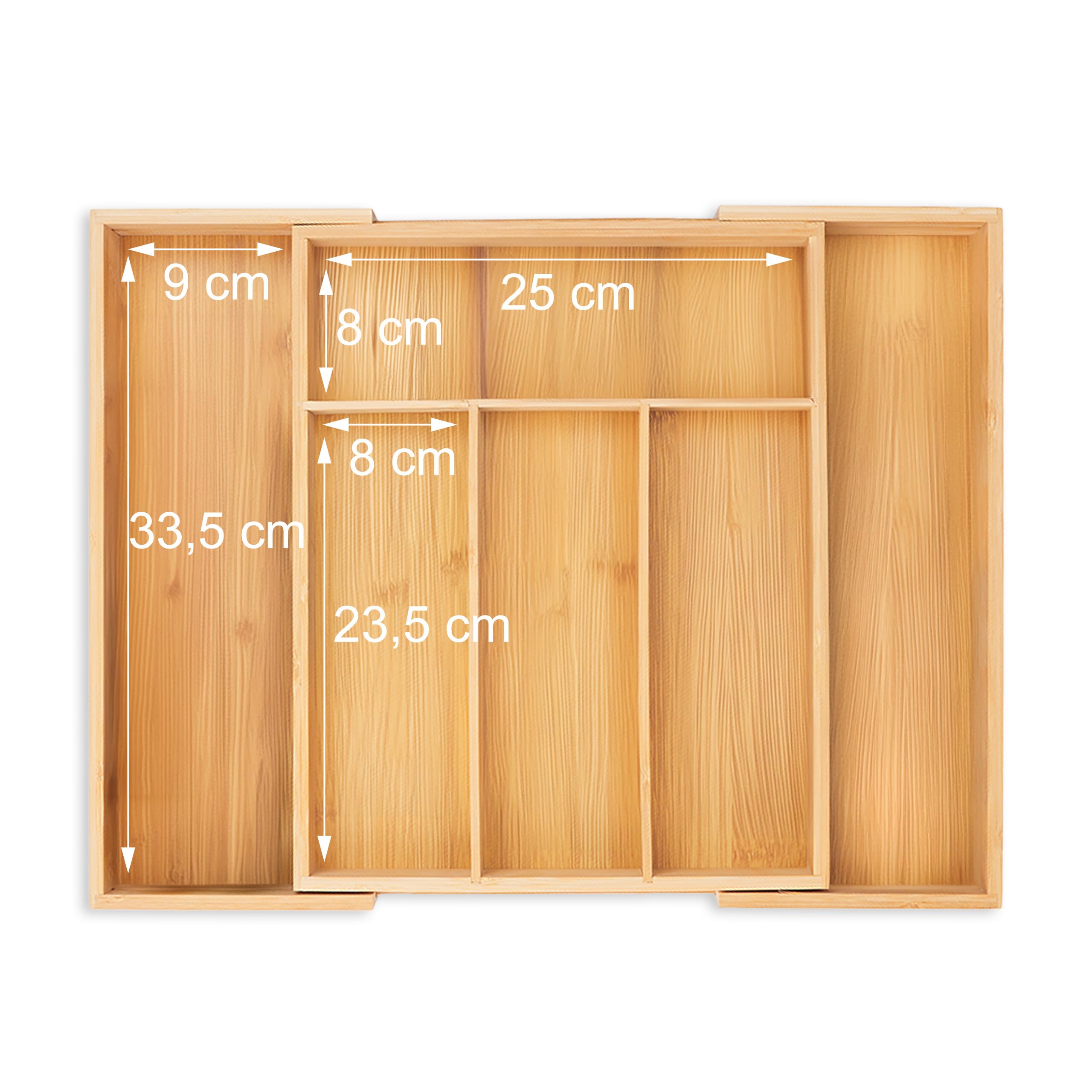 Relaxdays Pojemnik na sztućce wysuwany, bambus, wys. x gł.: 5 x 29-47,5 x 35,5 cm, 4-6 przegródek, wkład na sztućce do szuflad, naturalny
