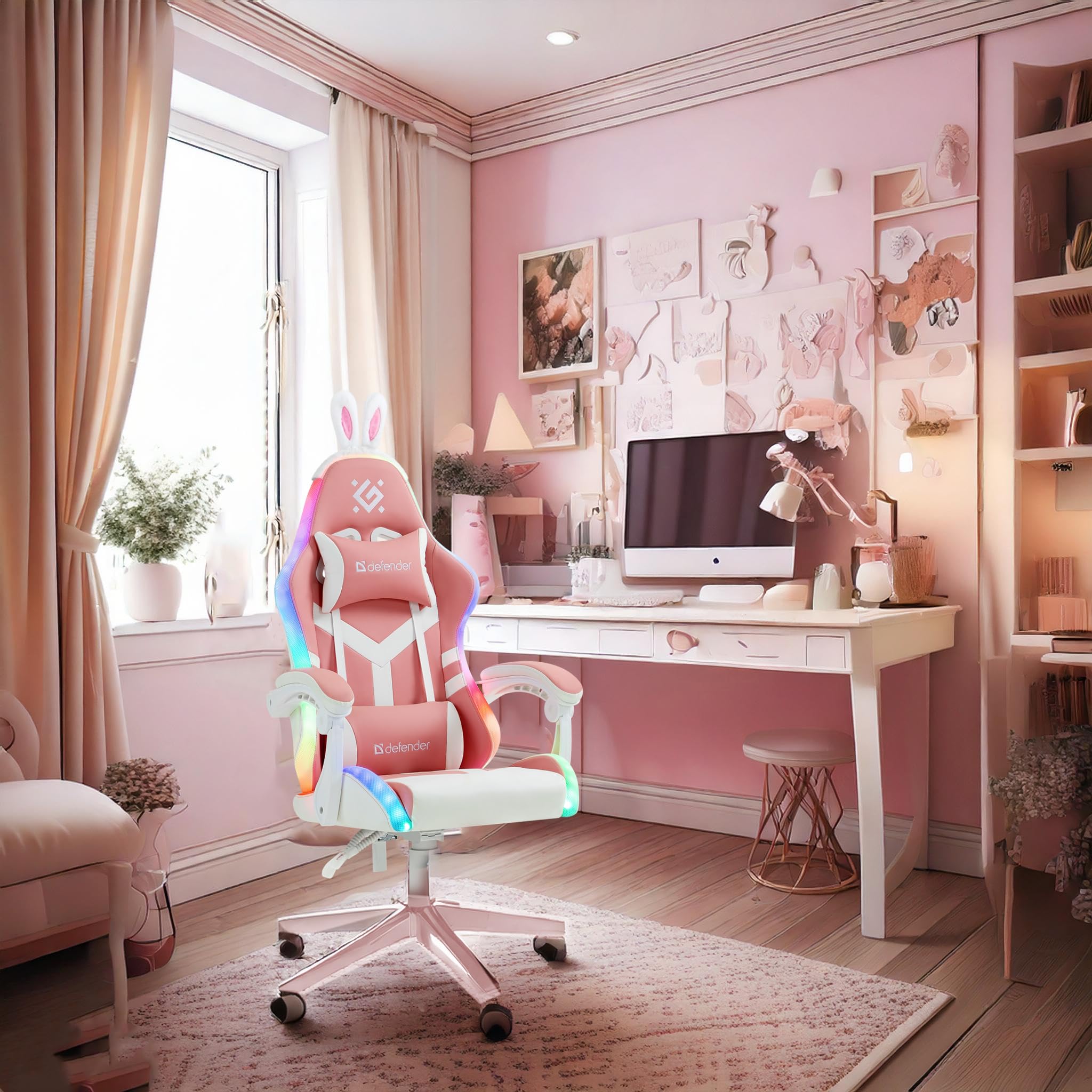 Defender Gaming-Stuhl IDEAL, Bürostuhl, ergonomischer Computerstuhl mit Kopfstütze, verstellbares Lendenkissen, höhenverstellbar, ROSA