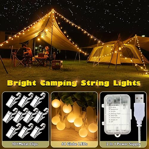 Miniatura 2 de Enhon Cadena de luces de campamento, 35 pies de luces de campamento con 64 luces LED de globo, 10 clips de cortina, luces de cadena de campamento, 8
