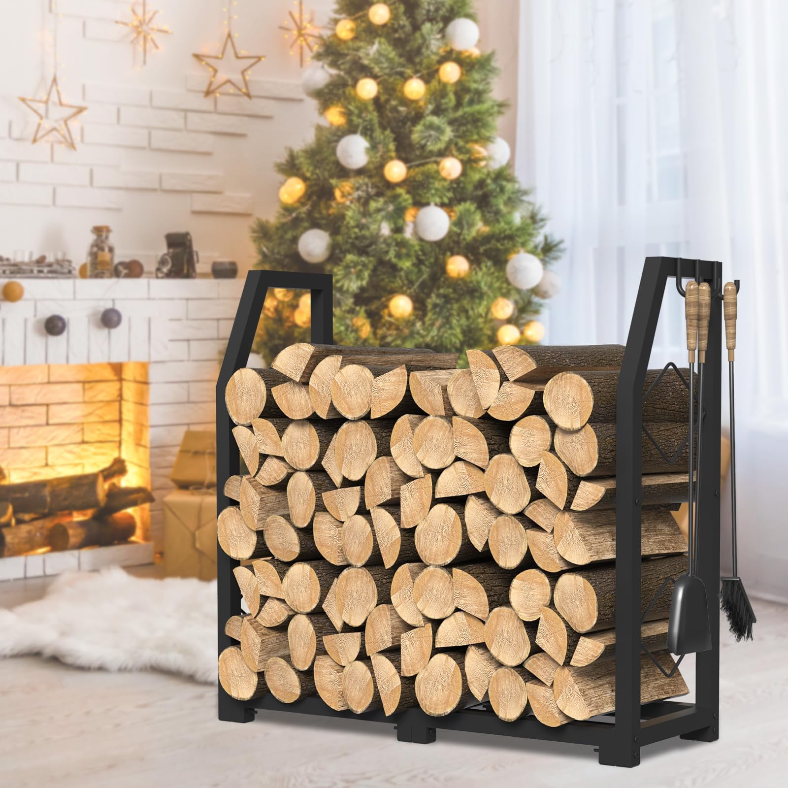 VyGrow Portalegna da ardere per esterni, supporto per legna da ardere con 3 ganci, in legno resistente, per interni ed esterni, patio, nero