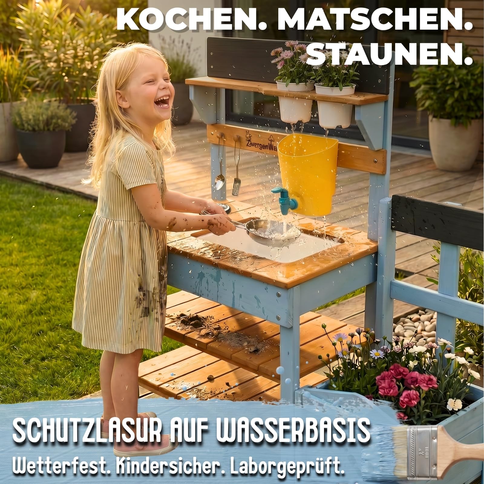 Matschküche Kinder Outdoor mit Wassertank & Spülbecken, mit Pflanzkasten, Mud Kitchen Holz, Spielküche Outdoor Höhenverstellbar, Matschtisch Kinder, Kinderküche Holz Wetterfest